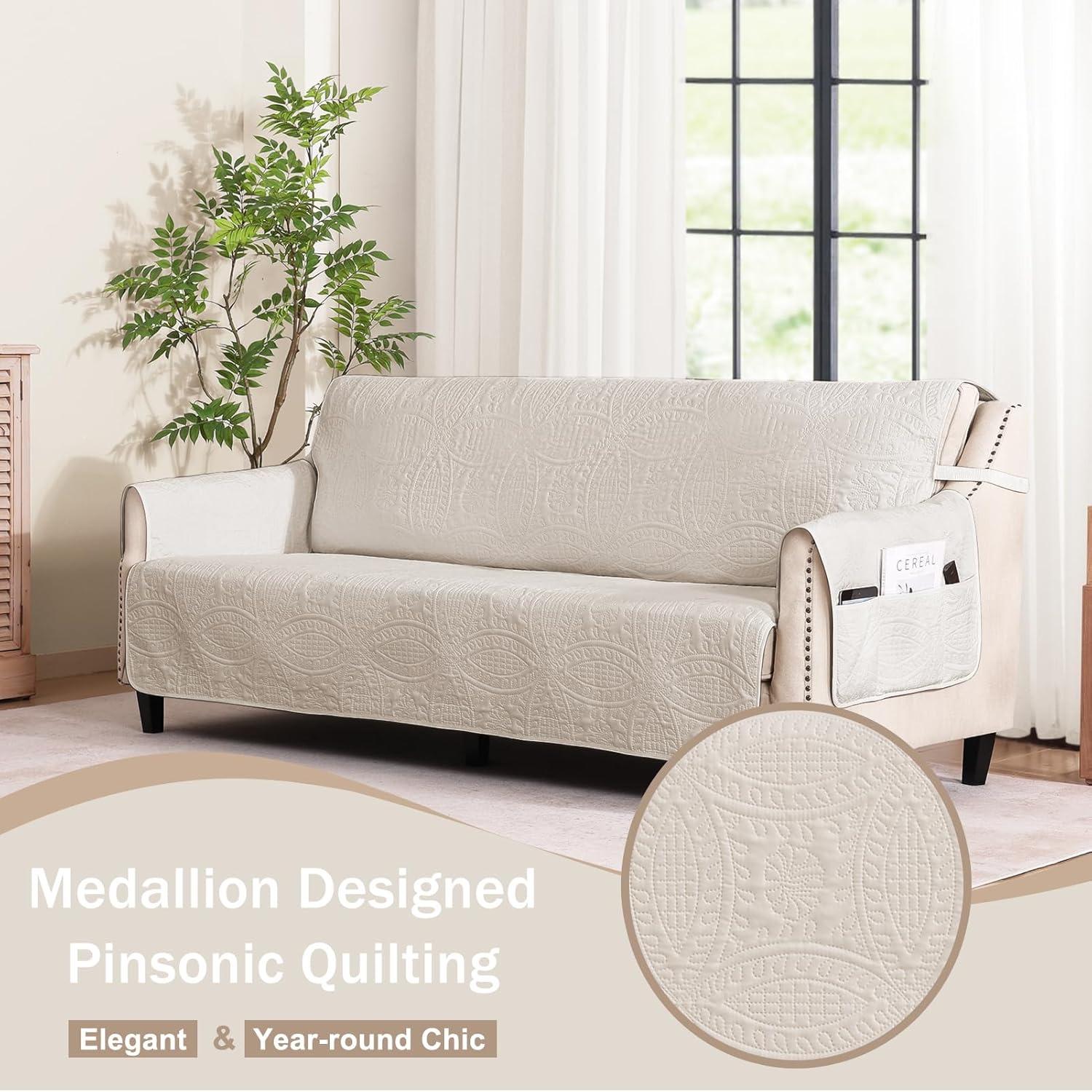 Beige Quilted Recliner Covers, Water-Repellent Recliner Slipcovers, Lazy Boy Chair Covers, Pet Friendly Recliner Cover for Dogs Cats, Washable Furniture Protector (Recliner 22", Beige Cream)