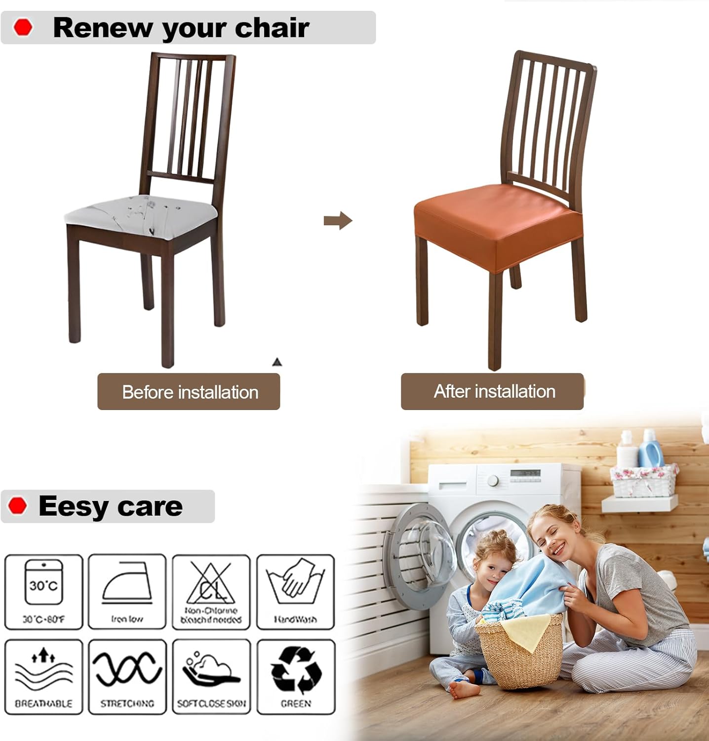 FUANGUI Dining Chair Covers Set of 4, Waterproof PU Leather Stretch Chair Seat Slipcovers Soft Removable Washable Chair Covers, Kitchen Chair Seat Covers Protectors Dining Room, PU-Black