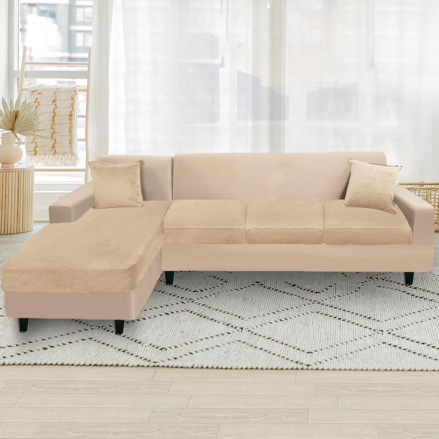 NAISI Sectional Couch Cover 4 Pieces Velvet Separate Couch Cushion Covers L Shape Soft Stretch Sofa Slipcovers with 2pcs Pillowcases for Left/Right Chaise Sectional Couch(3 Seater+1 Chaise,Dark Grey)