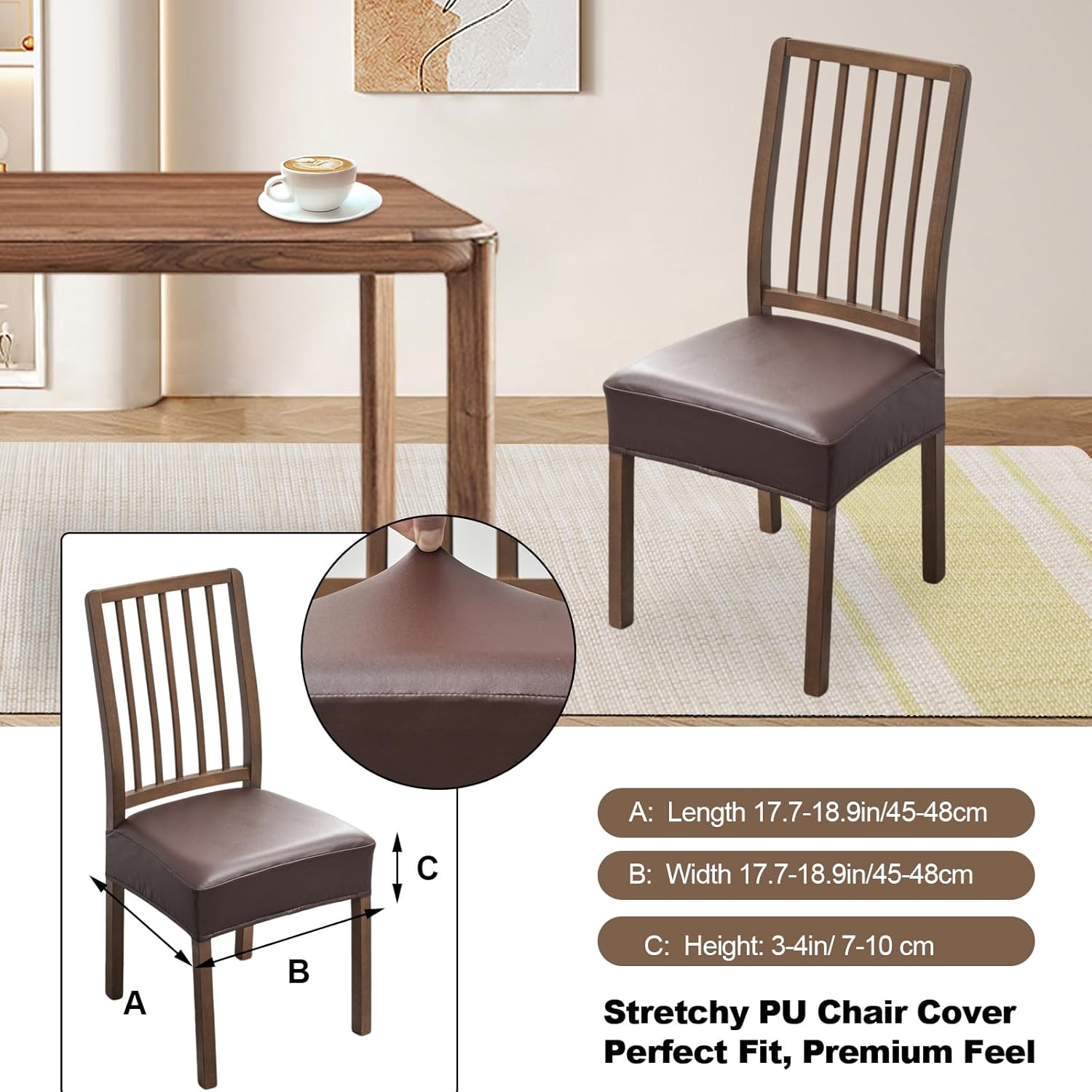 FUANGUI Dining Chair Covers Set of 4, Waterproof PU Leather Stretch Chair Seat Slipcovers Soft Removable Washable Chair Covers, Kitchen Chair Seat Covers Protectors Dining Room, PU-Black