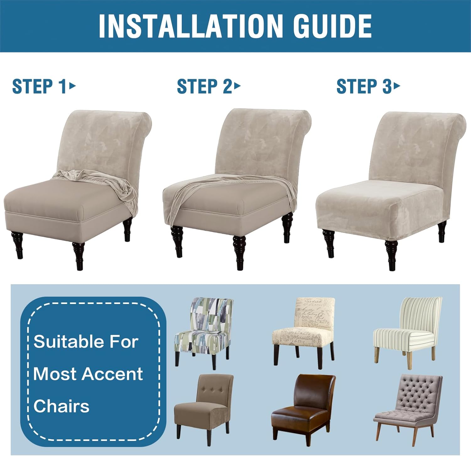 H.VERSAILTEX Armless Accent Chair Covers Thick Velvet Armless Chair Slipcovers High Stretch Chair Covers for Living Room Hotel Machine Washable Furniture Protector with Elastic Bottom, Ivory