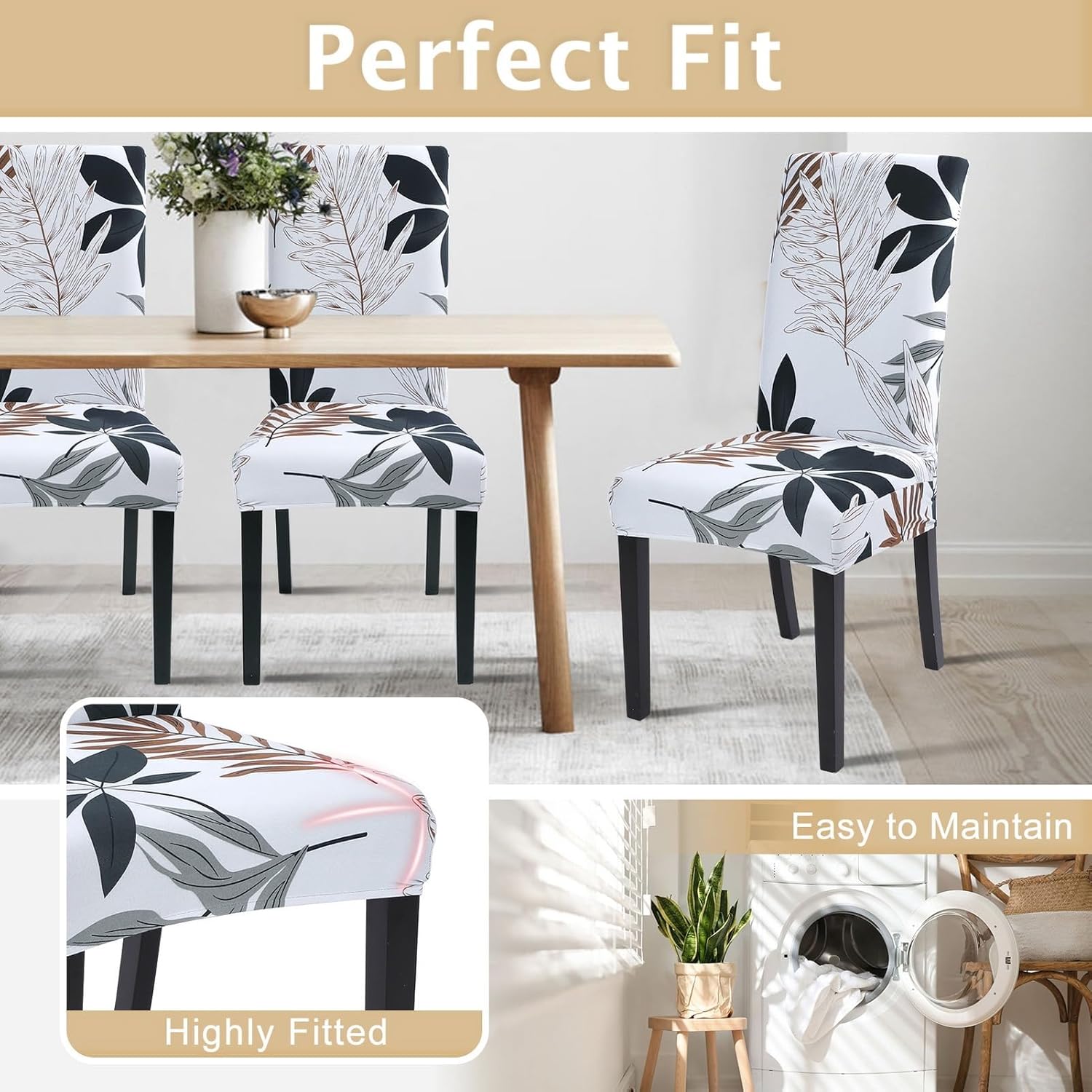 SearchI Chair Covers Slipcovers Set of 4, Spandex Super Fit Stretch Removable Washable Kitchen Parsons Protector for Dining Room,Hotel,Ceremony,Beige+Flowers