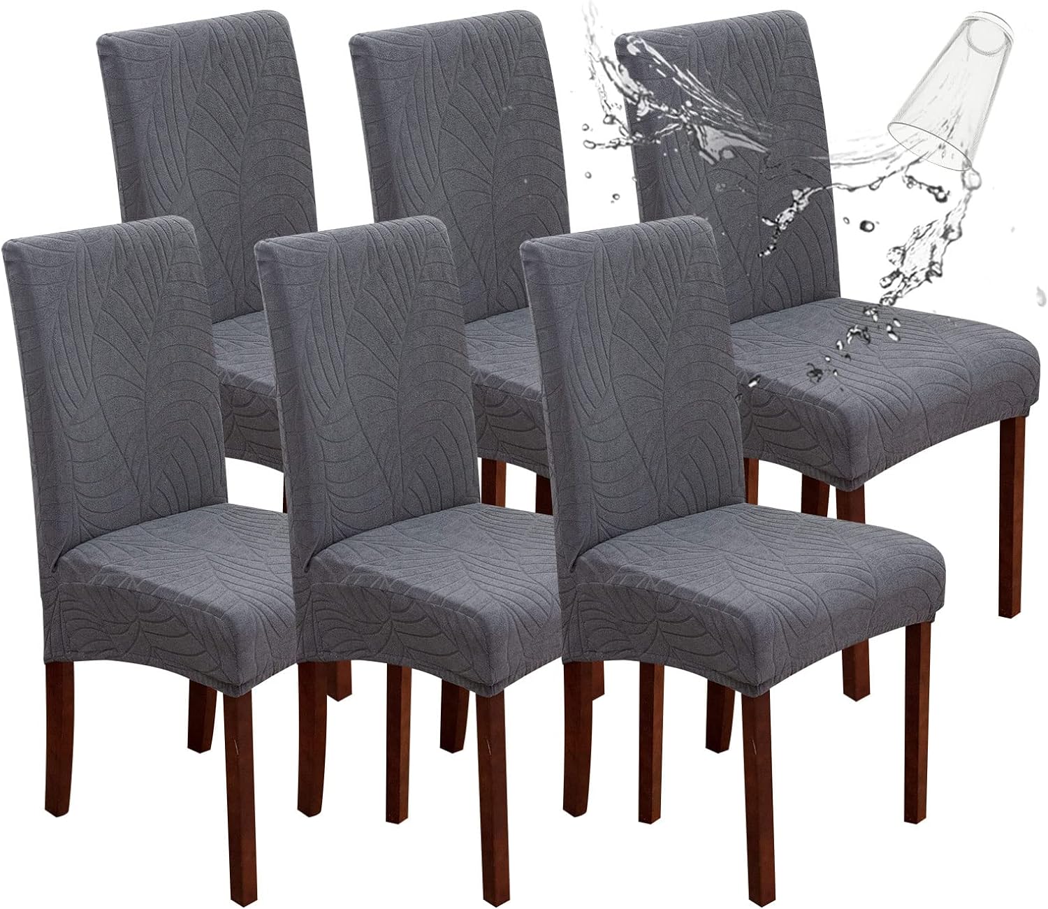 Genina 100% Waterproof Chair Covers for Dining Room Set of 4, Stretch Parson Chair Slipcovers for Kitchen Chairs, Washable Chair Protectors, Leaves-Warm Gray