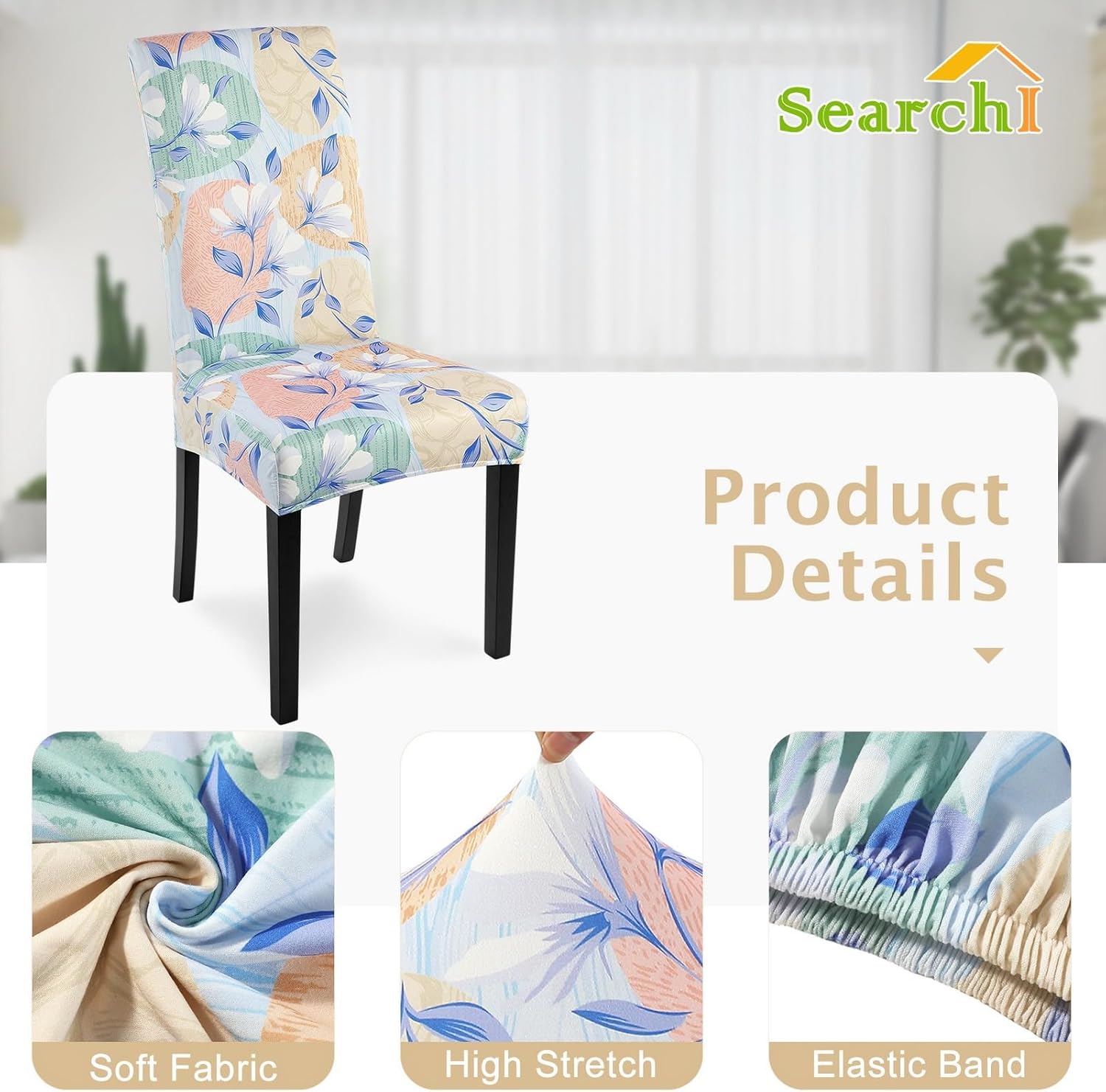 SearchI Chair Covers Slipcovers Set of 4, Spandex Super Fit Stretch Removable Washable Kitchen Parsons Protector for Dining Room,Hotel,Ceremony,Beige+Flowers