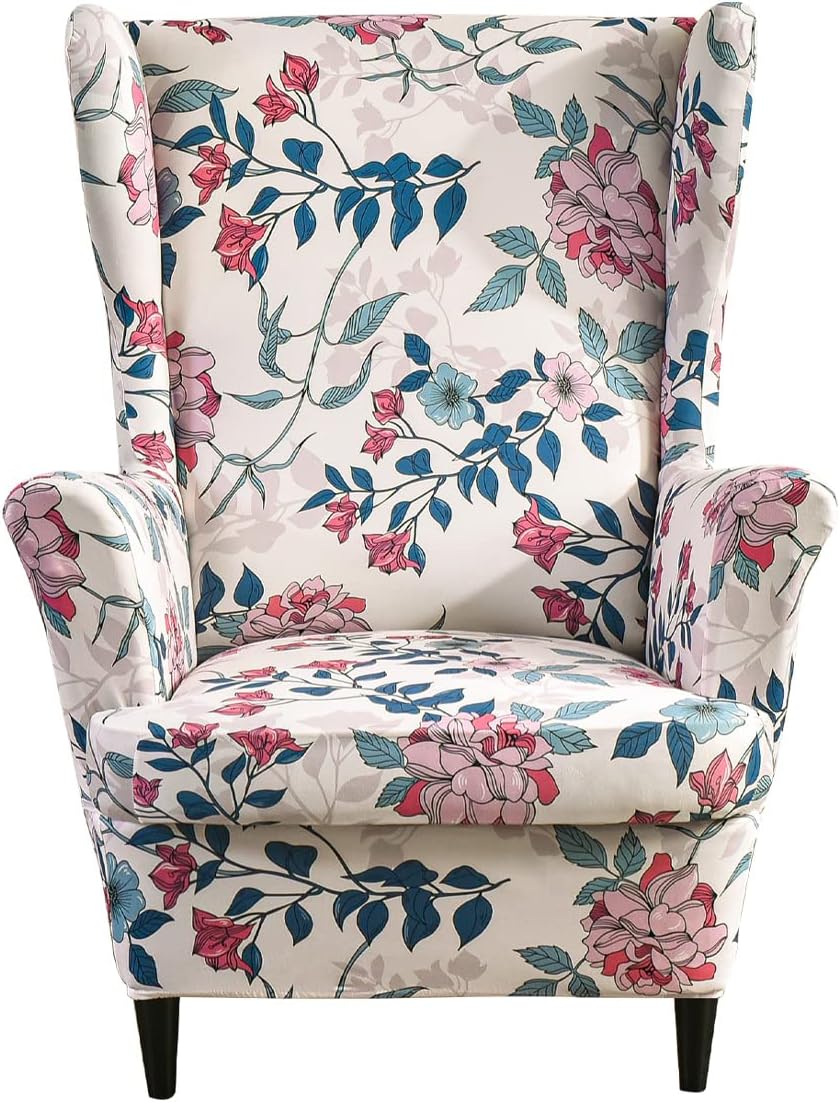 Wing Chair Slipcovers 2 Pieces Stretch Spandex Wingback Chair Covers Sofa Slipcover Printing Wingback Armchair Slipcovers Furniture Protector Couch Soft with Elastic Bottom for Wingback Chairs,12