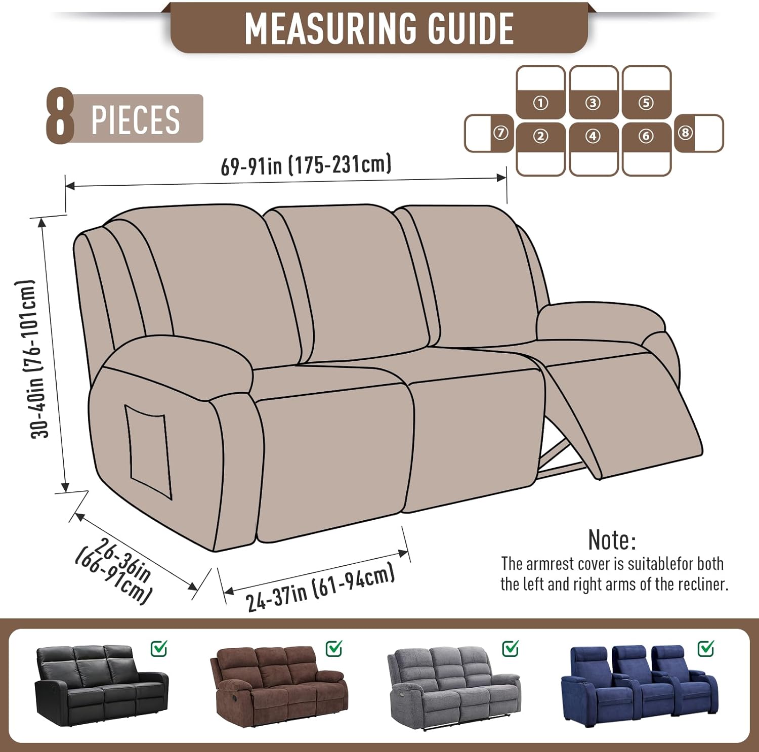 TAOCOCO Recliner Cover 4-Pieces, Recliner Stretch Sofa Slipcover, Recliner Cover 1 Seat, Couch Protector Soft, Furniture Protector Covers with Elastic,Chair Covers Jacquard Pattern (Grey)