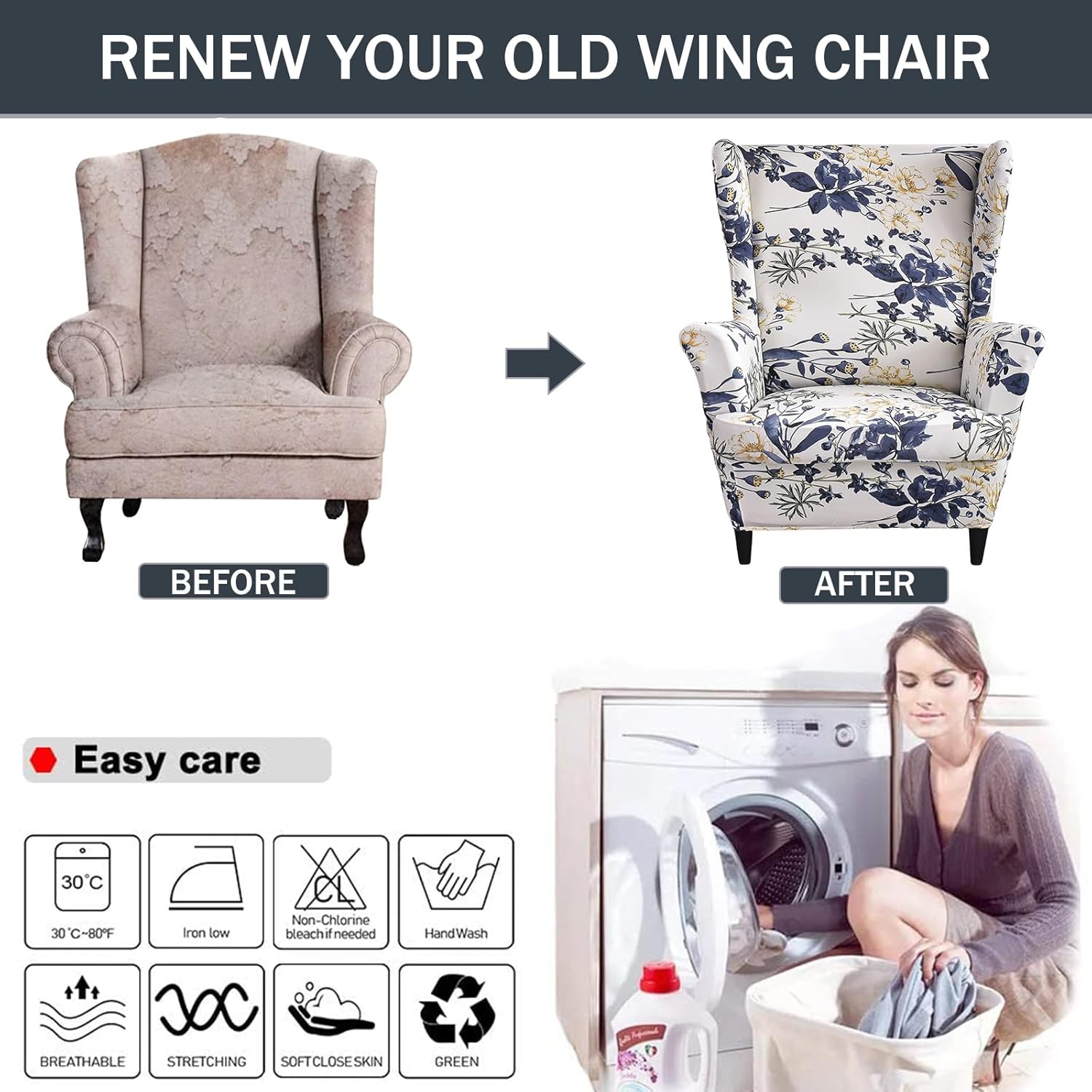 Wing Chair Slipcovers 2 Pieces Stretch Spandex Wingback Chair Covers Sofa Slipcover Printing Wingback Armchair Slipcovers Furniture Protector Couch Soft with Elastic Bottom for Wingback Chairs,12
