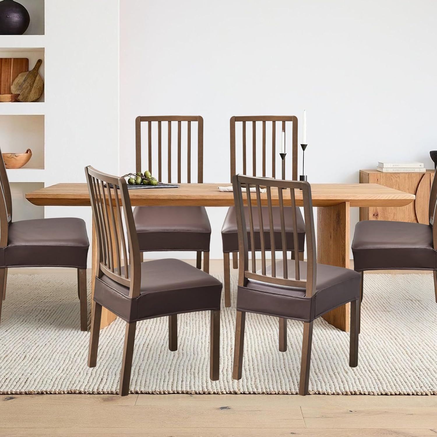 FUANGUI Dining Chair Covers Set of 4, Waterproof PU Leather Stretch Chair Seat Slipcovers Soft Removable Washable Chair Covers, Kitchen Chair Seat Covers Protectors Dining Room, PU-Black