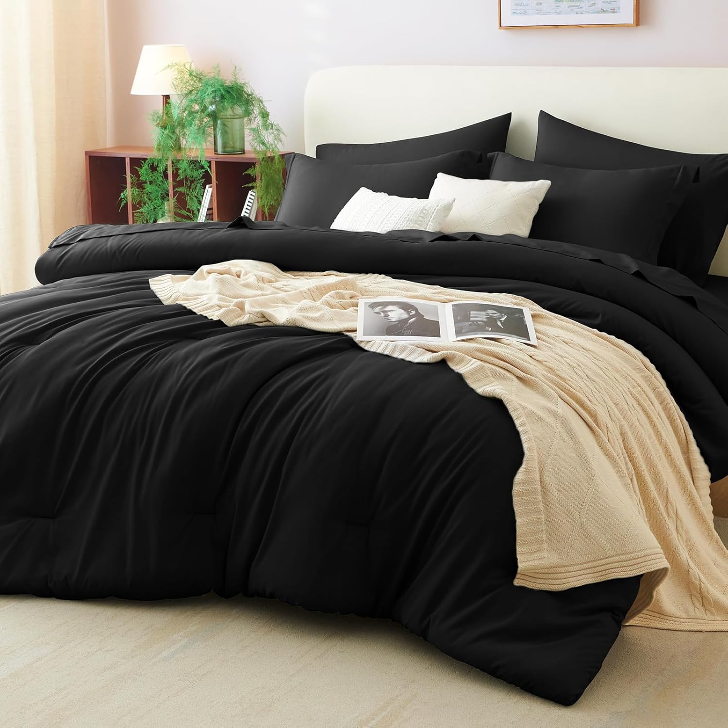 Queen Comforter Set Black, 7 Pieces