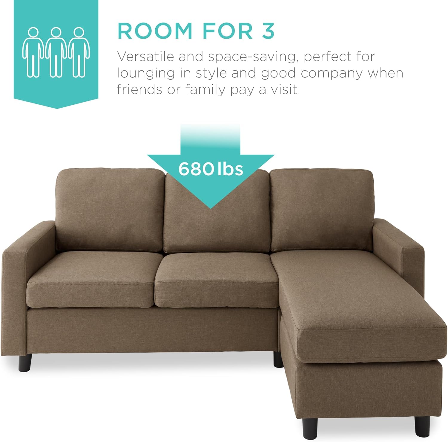 Best Choice Products Upholstered Sectional Sofa for Home, Apartment, Dorm, Bonus Room, Compact Spaces w/Chaise Lounge, 3-Seat, L-Shape Design, Reversible Ottoman Bench, 680lb Capacity - Light Gray