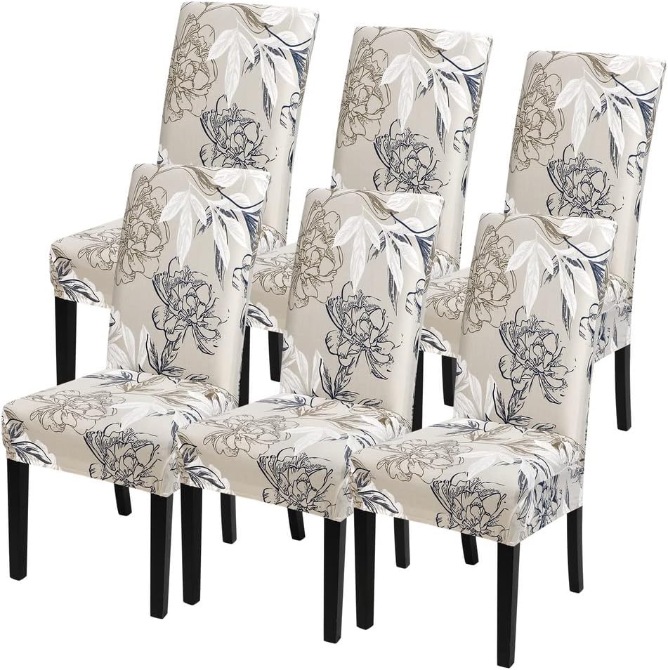 SearchI Chair Covers Slipcovers Set of 4, Spandex Super Fit Stretch Removable Washable Kitchen Parsons Protector for Dining Room,Hotel,Ceremony,Beige+Flowers