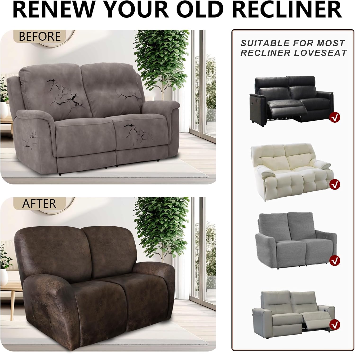 Leather Like Recliner Chair Covers Heavy Duty, 4 Pieces Lazy Boy Recliner Cover for Recliner Chair, Leather Cover for Recliner slipcovers Washable for Pets (Dark Brown)