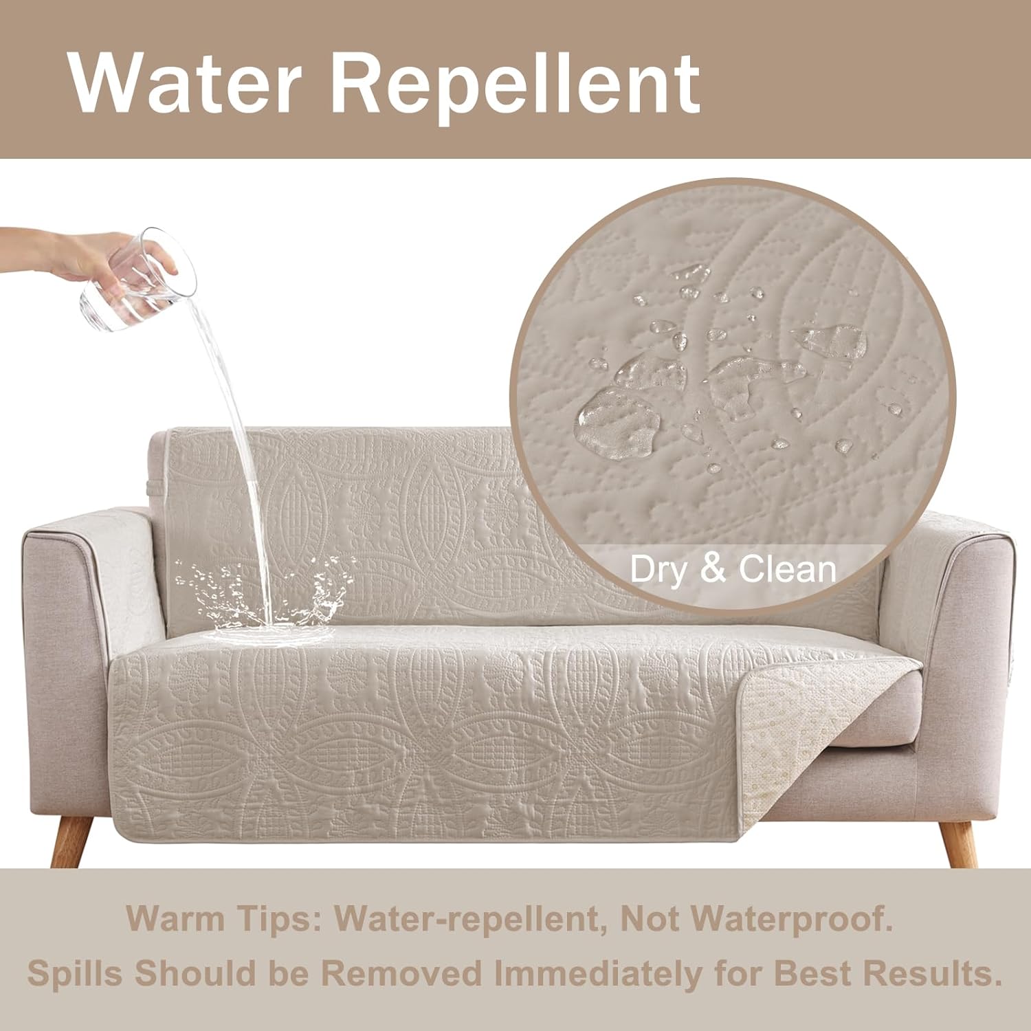 Beige Quilted Recliner Covers, Water-Repellent Recliner Slipcovers, Lazy Boy Chair Covers, Pet Friendly Recliner Cover for Dogs Cats, Washable Furniture Protector (Recliner 22", Beige Cream)