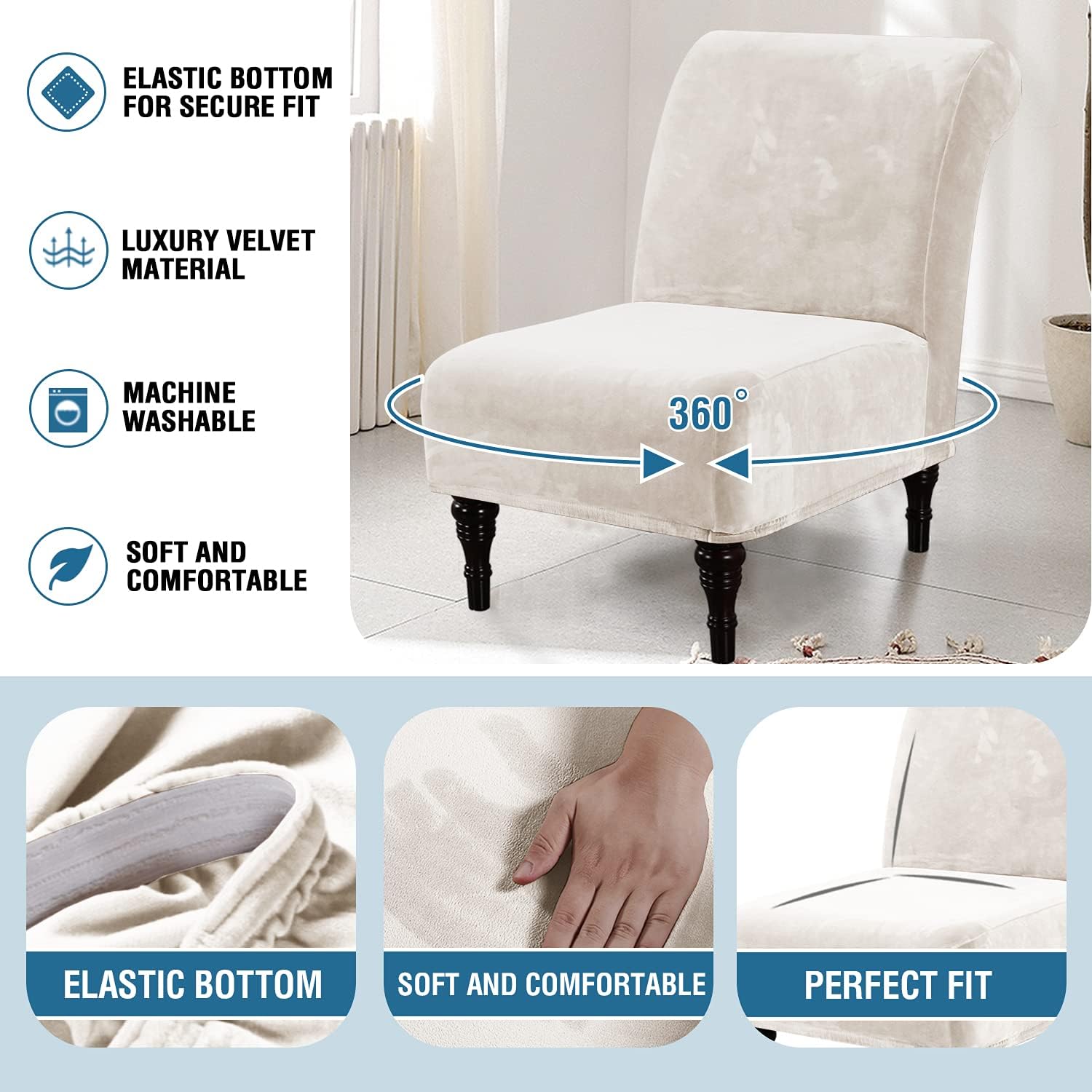 H.VERSAILTEX Armless Accent Chair Covers Thick Velvet Armless Chair Slipcovers High Stretch Chair Covers for Living Room Hotel Machine Washable Furniture Protector with Elastic Bottom, Ivory
