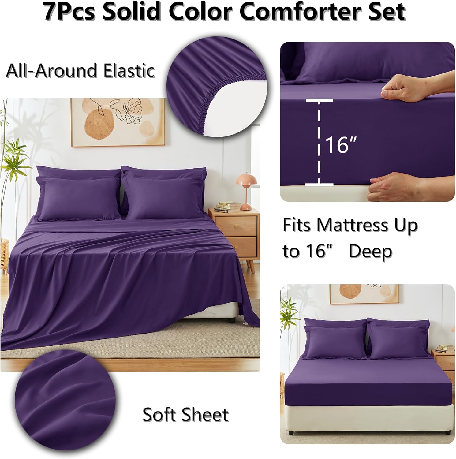 Queen Comforter Set Black, 7 Pieces