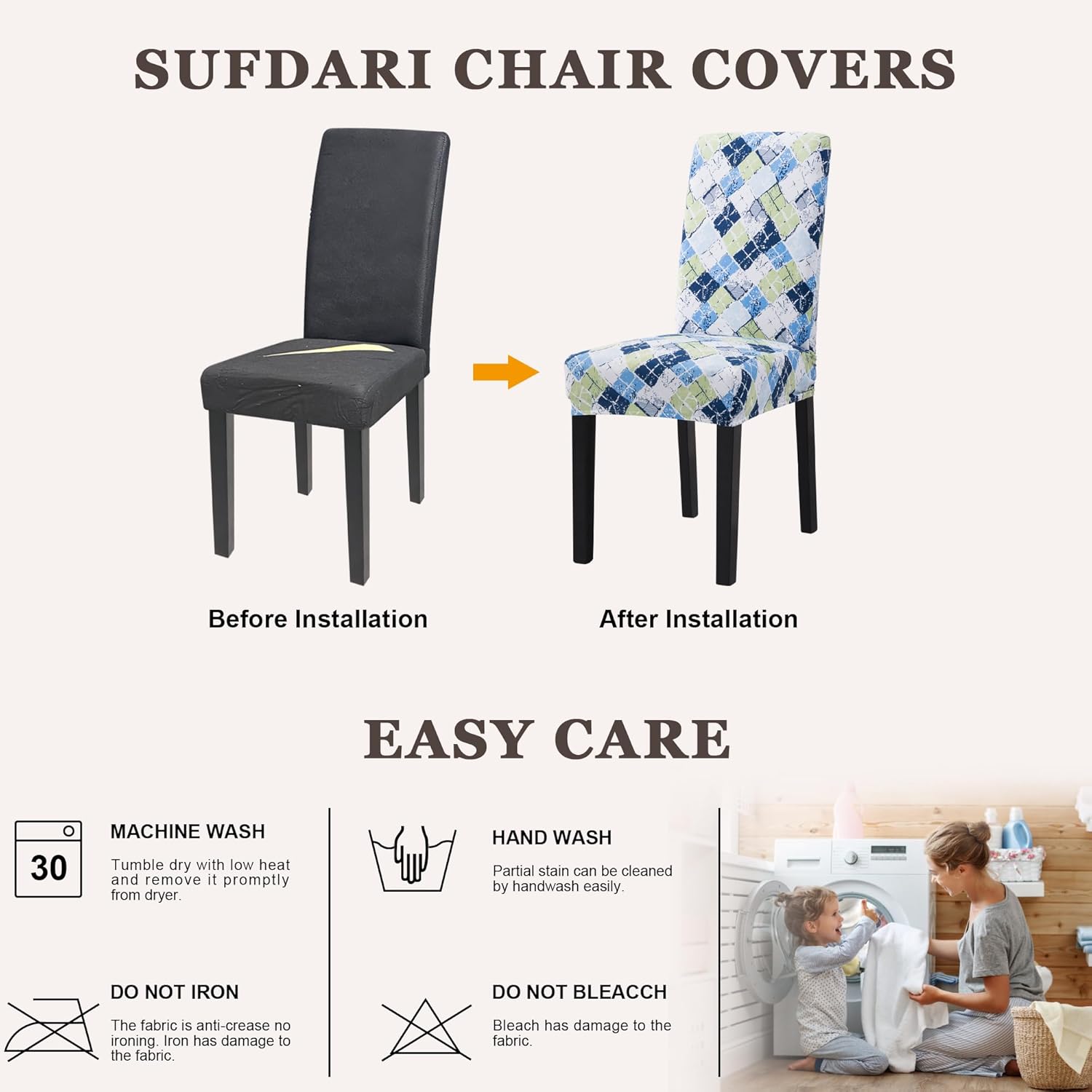 Sufdari Dining Chair Covers,Kitchen Cover,Parsons Slipcover,Spandex Protectors for Room Stretch Chairs Cover Set of 4 -Gray