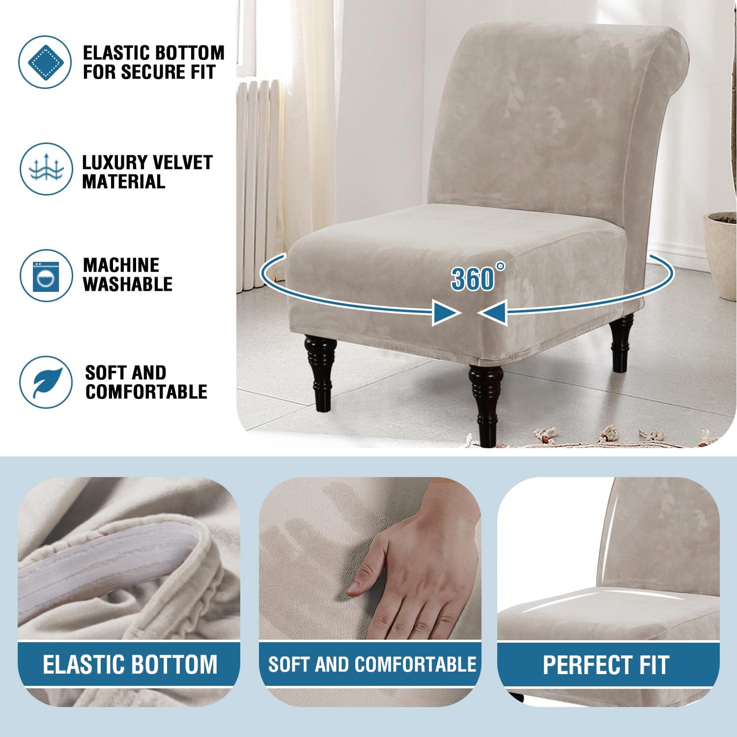 H.VERSAILTEX Armless Accent Chair Covers Thick Velvet Armless Chair Slipcovers High Stretch Chair Covers for Living Room Hotel Machine Washable Furniture Protector with Elastic Bottom, Ivory