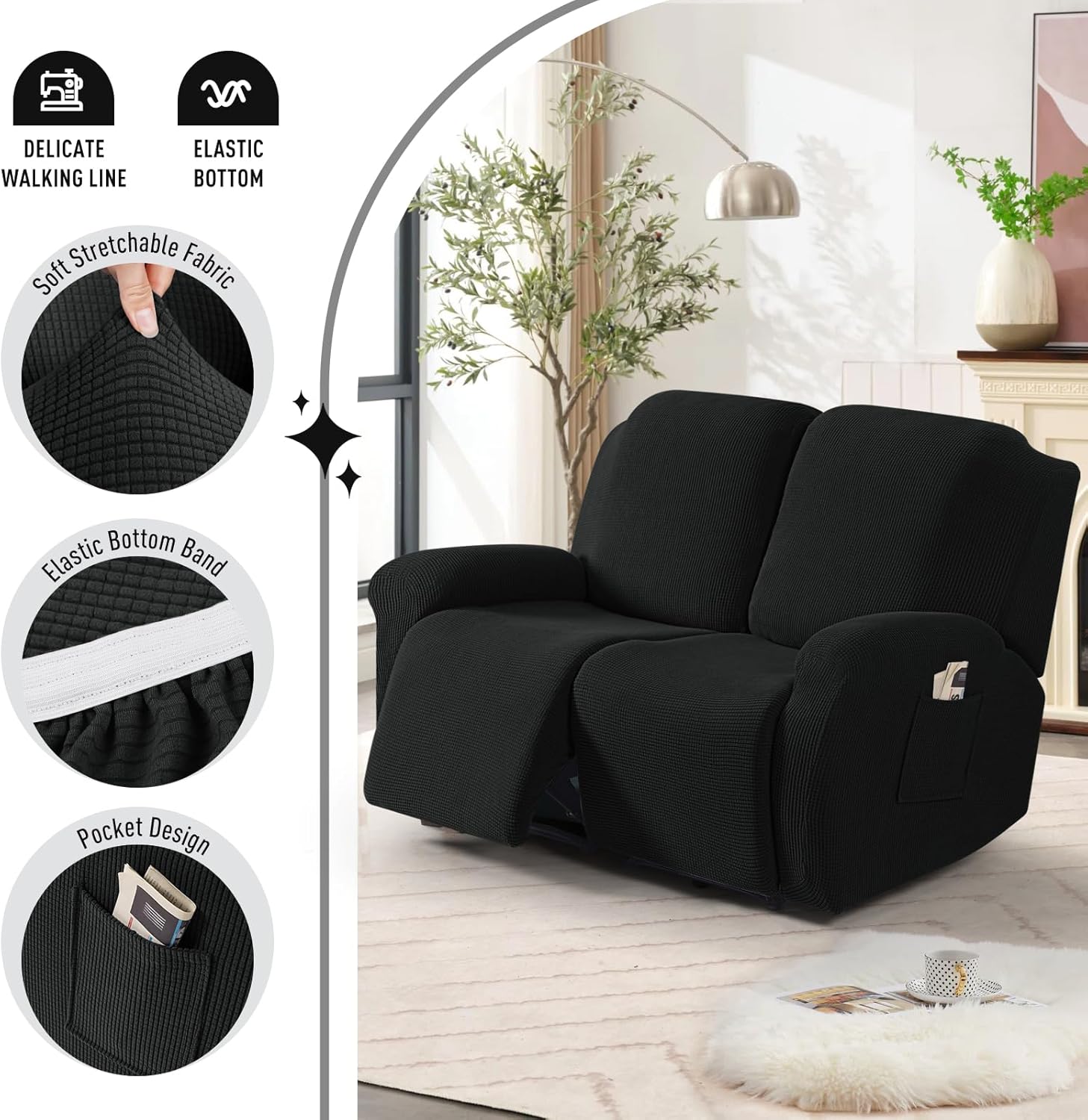 TAOCOCO Recliner Cover 4-Pieces, Recliner Stretch Sofa Slipcover, Recliner Cover 1 Seat, Couch Protector Soft, Furniture Protector Covers with Elastic,Chair Covers Jacquard Pattern (Grey)