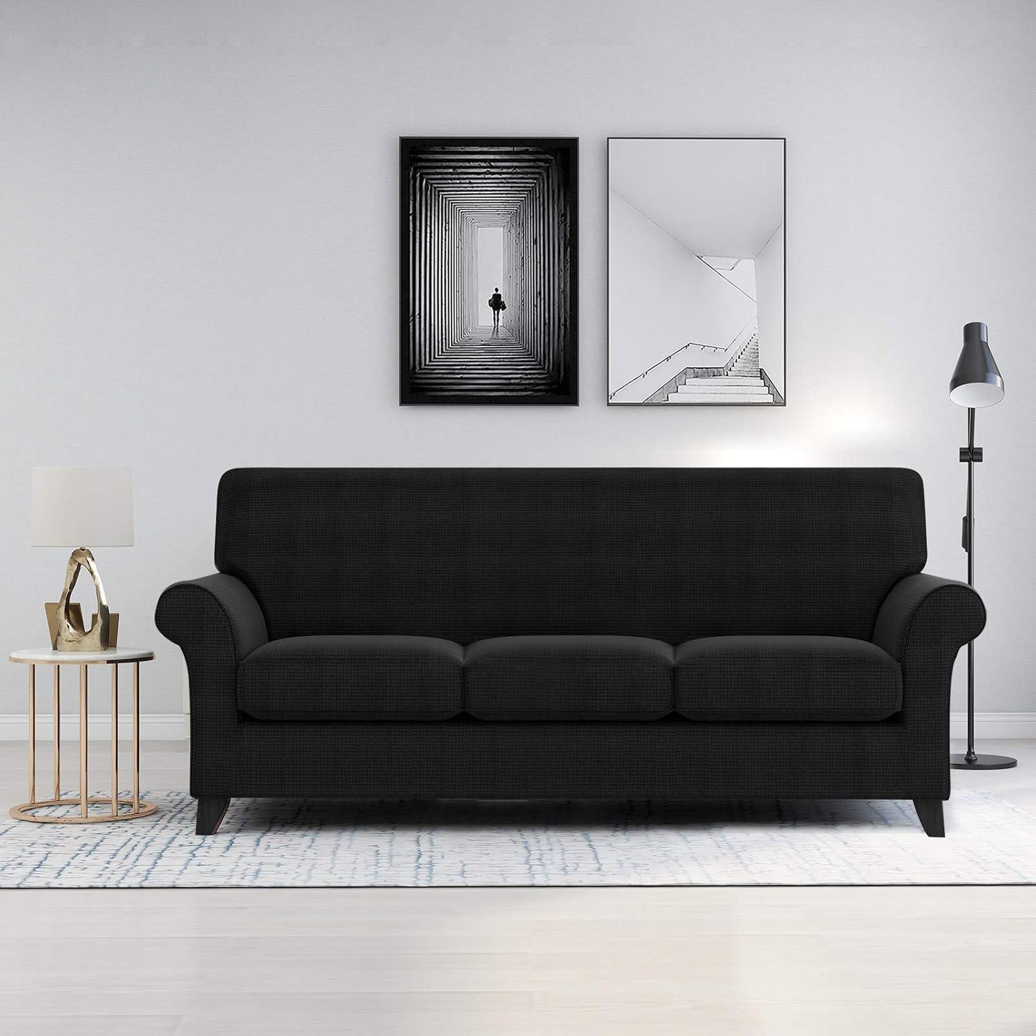 ZNSAYOTX 2 Piece Chair Covers for Living Room with Arms Anti Slip Stretch Arm Chair Slipcovers Sofa Armchair Slipcover Machine Washable Furniture Protector (Black and White, Chair)