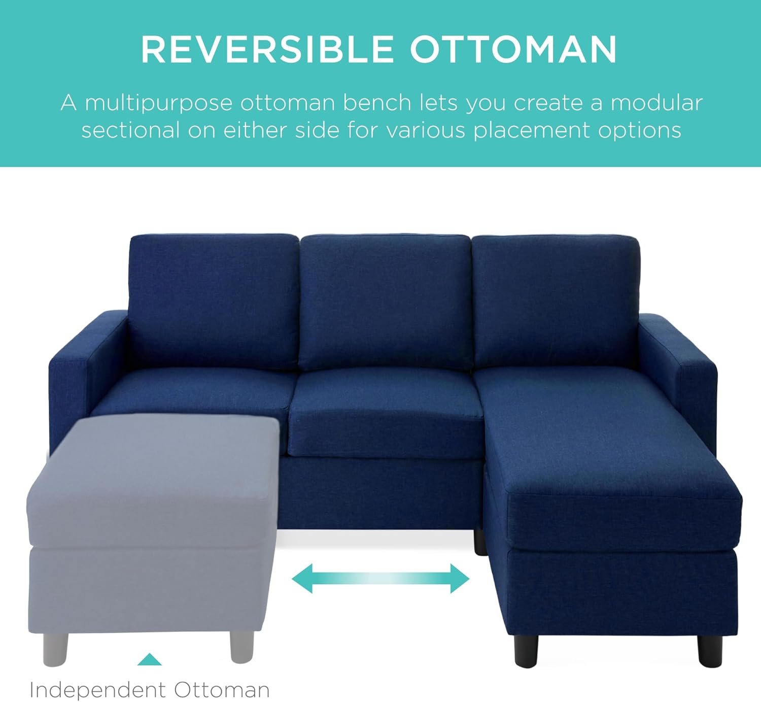 Best Choice Products Upholstered Sectional Sofa for Home, Apartment, Dorm, Bonus Room, Compact Spaces w/Chaise Lounge, 3-Seat, L-Shape Design, Reversible Ottoman Bench, 680lb Capacity - Light Gray