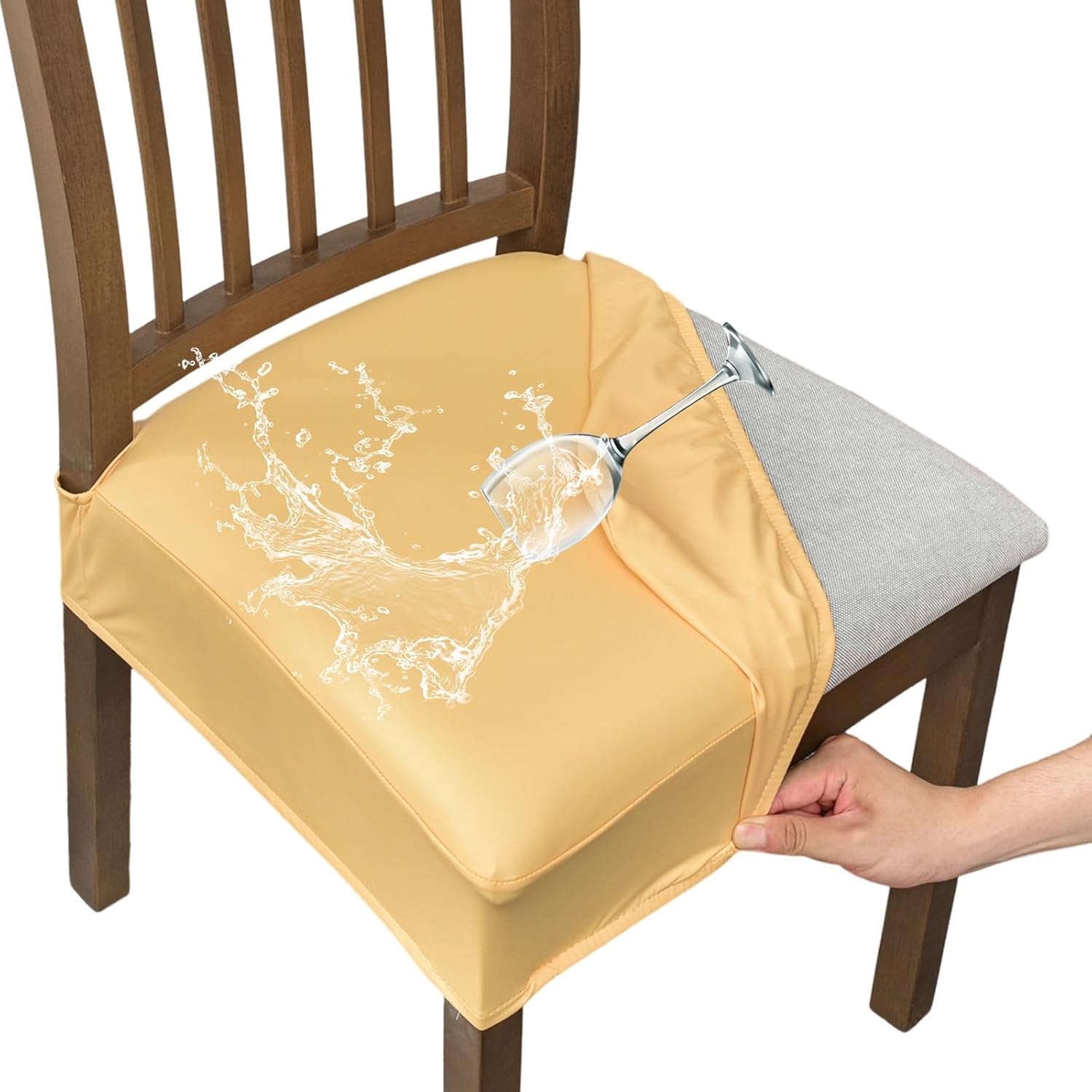 FUANGUI Dining Chair Covers Set of 4, Waterproof PU Leather Stretch Chair Seat Slipcovers Soft Removable Washable Chair Covers, Kitchen Chair Seat Covers Protectors Dining Room, PU-Black