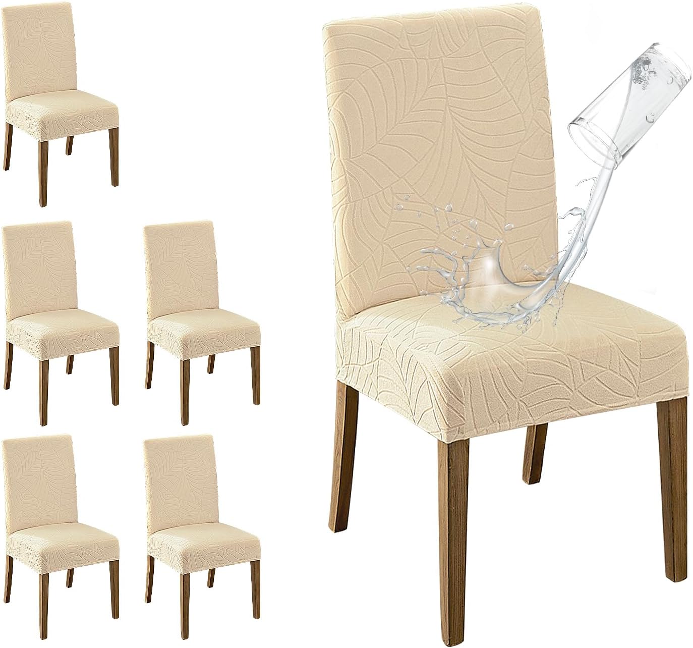 MOSAYT 100% Waterproof Dining Room Chair Covers Set of 4, Super Fit Stretch Jacquard Parson Chairs Slipcovers Removable Washable Chair Seat Protectors for Home, Kitchen, Banquet (Beige)