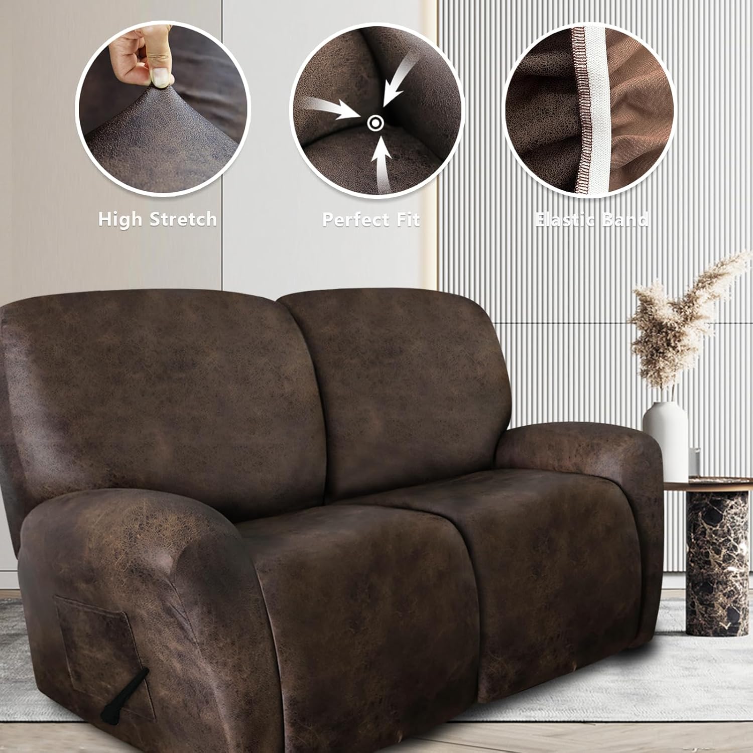 Leather Like Recliner Chair Covers Heavy Duty, 4 Pieces Lazy Boy Recliner Cover for Recliner Chair, Leather Cover for Recliner slipcovers Washable for Pets (Dark Brown)
