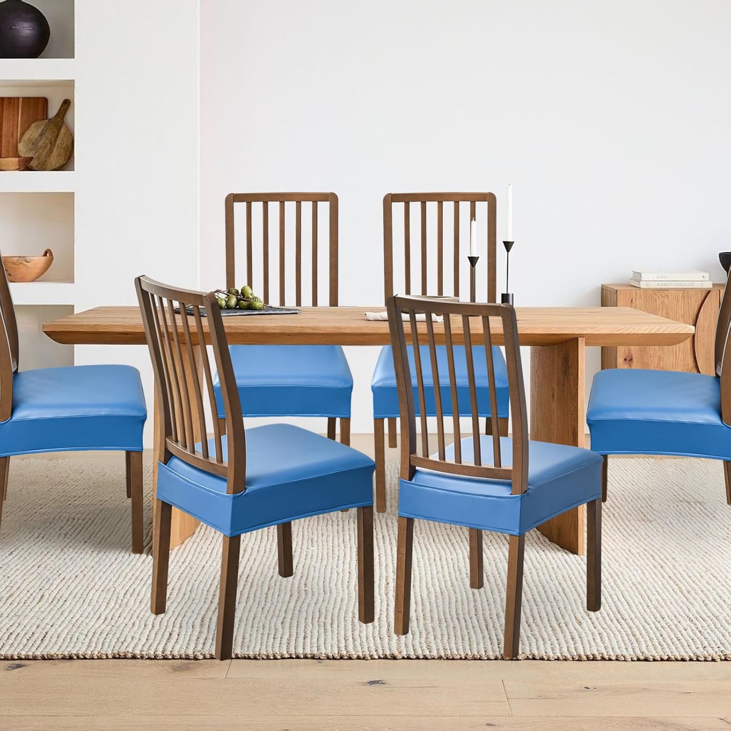 FUANGUI Dining Chair Covers Set of 4, Waterproof PU Leather Stretch Chair Seat Slipcovers Soft Removable Washable Chair Covers, Kitchen Chair Seat Covers Protectors Dining Room, PU-Black