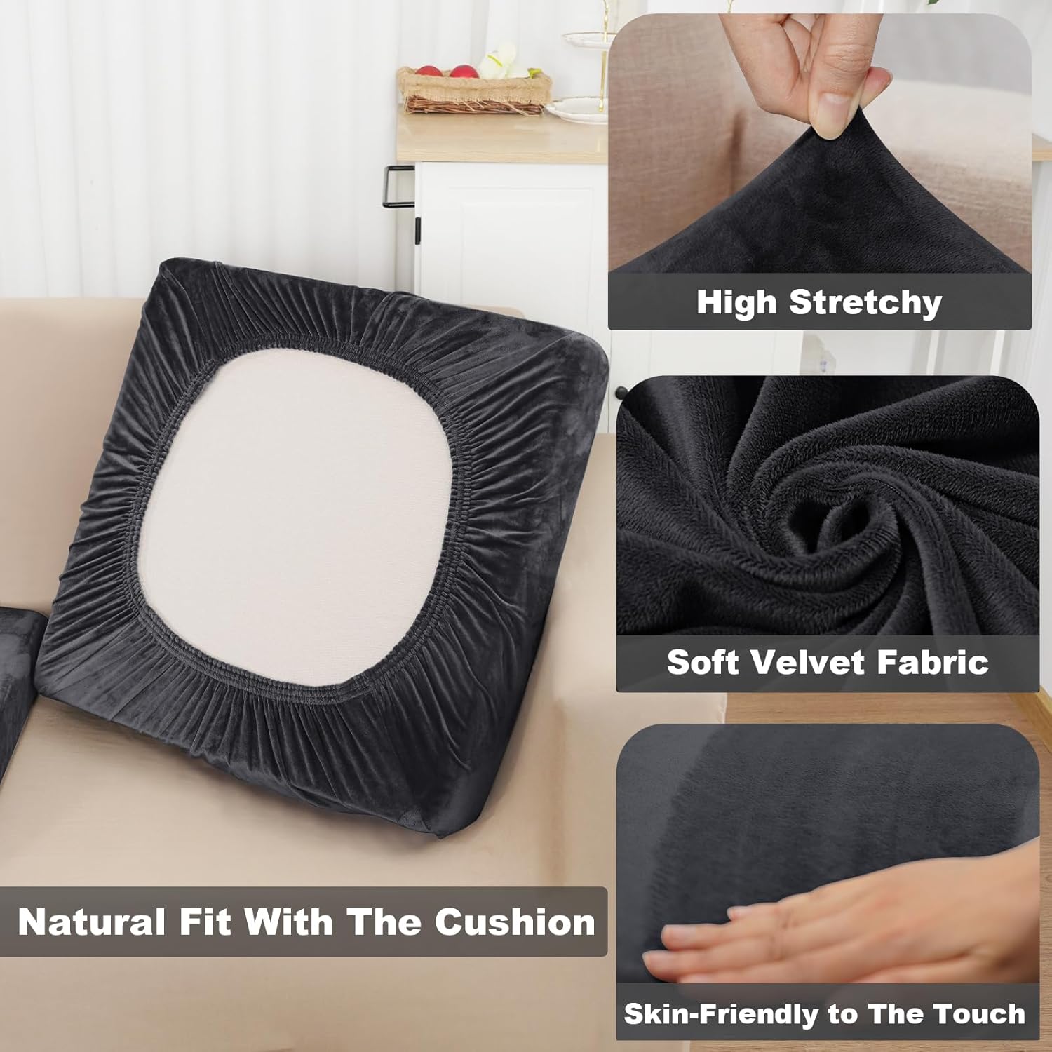 NAISI Sectional Couch Cover 4 Pieces Velvet Separate Couch Cushion Covers L Shape Soft Stretch Sofa Slipcovers with 2pcs Pillowcases for Left/Right Chaise Sectional Couch(3 Seater+1 Chaise,Dark Grey)