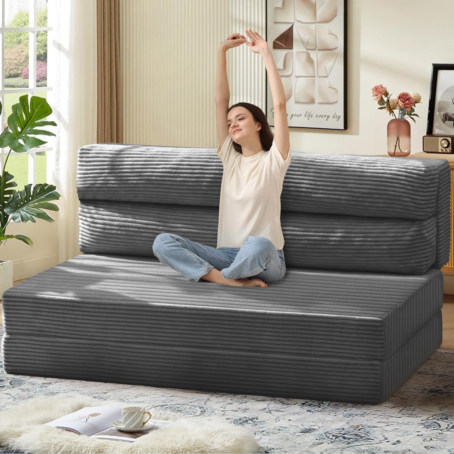 Folding Sofa Bed, Convertible Sleeper Chair with Pilow Foldable Matress, 2 in 1 Pull Out Loveseat Sofa Portable Fold Out Chair Bed Comfy Floor Couch Lounge for Living Room Bedroom