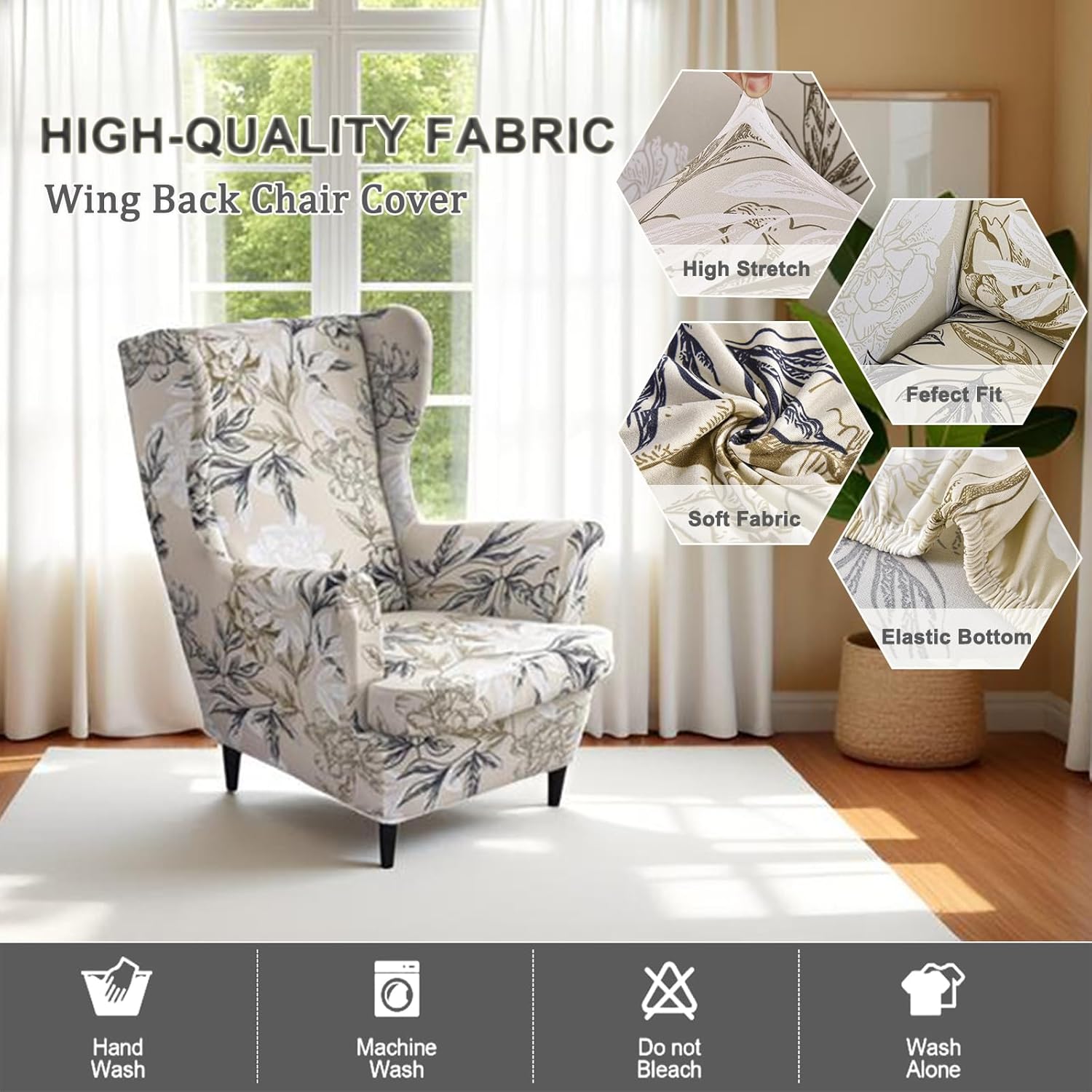 Wing Chair Slipcovers 2 Pieces Stretch Spandex Wingback Chair Covers Sofa Slipcover Printing Wingback Armchair Slipcovers Furniture Protector Couch Soft with Elastic Bottom for Wingback Chairs,12