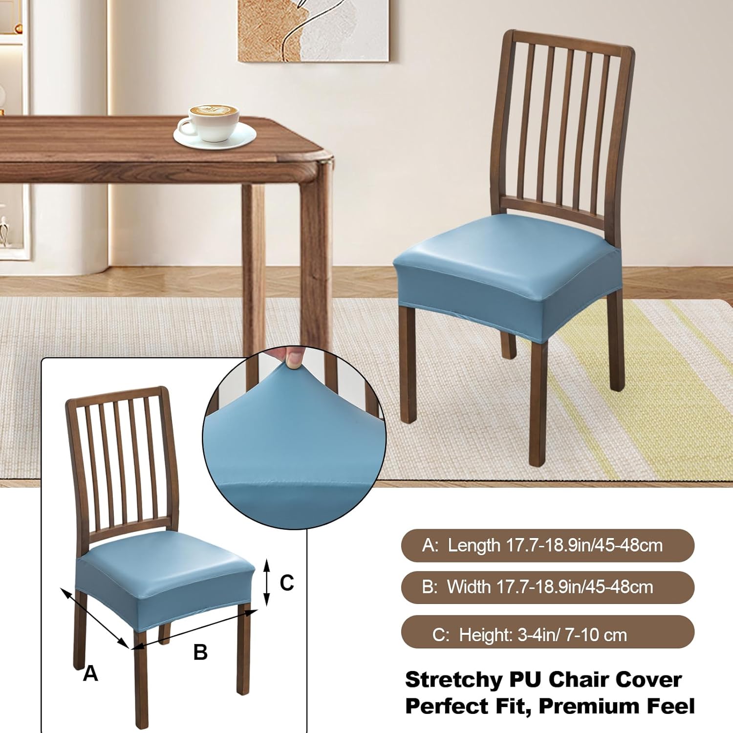 FUANGUI Dining Chair Covers Set of 4, Waterproof PU Leather Stretch Chair Seat Slipcovers Soft Removable Washable Chair Covers, Kitchen Chair Seat Covers Protectors Dining Room, PU-Black