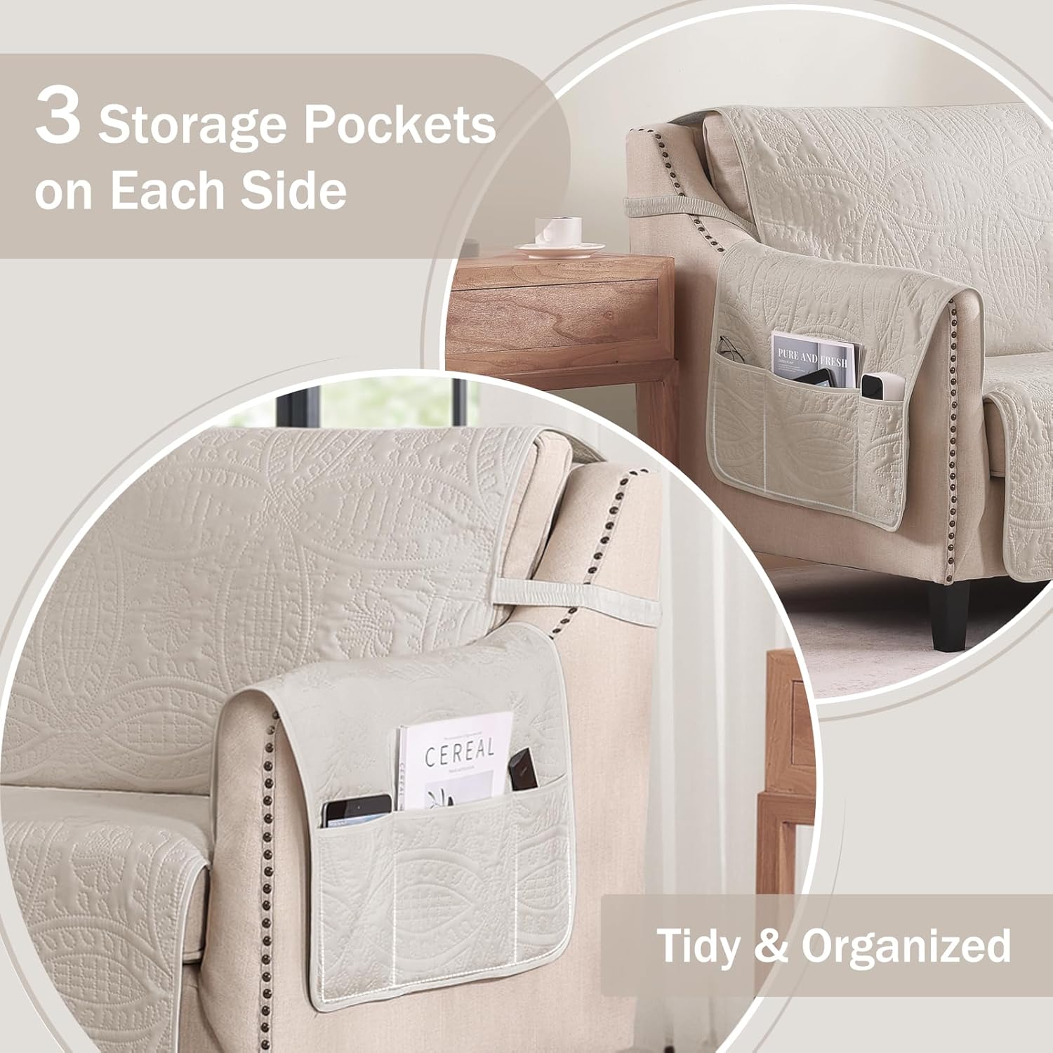 Beige Quilted Recliner Covers, Water-Repellent Recliner Slipcovers, Lazy Boy Chair Covers, Pet Friendly Recliner Cover for Dogs Cats, Washable Furniture Protector (Recliner 22", Beige Cream)