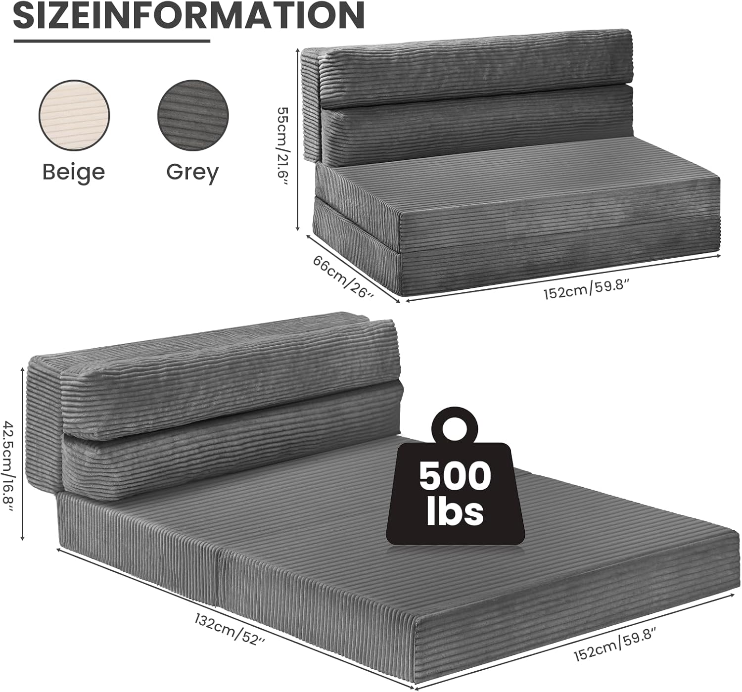 Folding Sofa Bed, Convertible Sleeper Chair with Pilow Foldable Matress, 2 in 1 Pull Out Loveseat Sofa Portable Fold Out Chair Bed Comfy Floor Couch Lounge for Living Room Bedroom