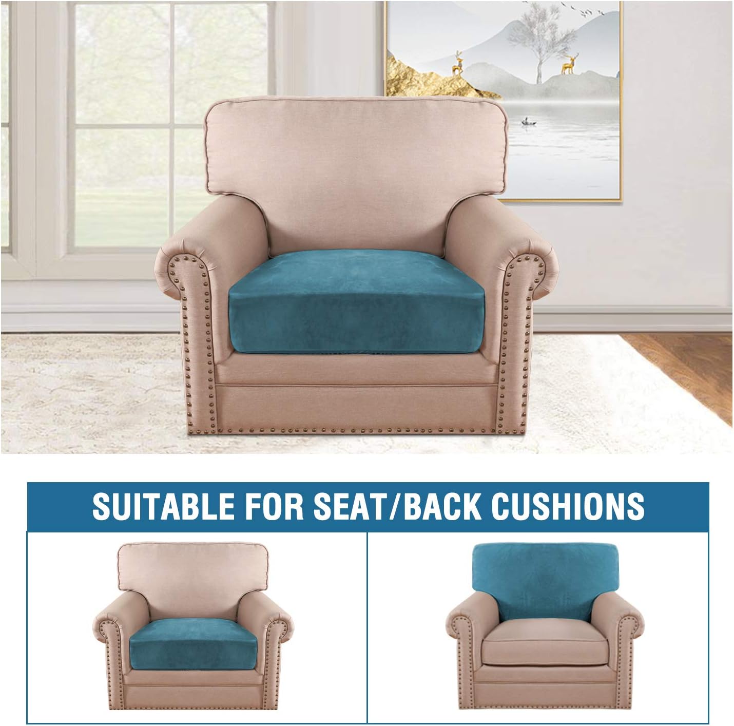 H.VERSAILTEX Velvet Stretch Couch Cushion Cover Plush Cushion Slipcover for Chair Loveseat Sofa Cushion Furniture Protector Seat Cushion Sofa Cover (3 Piece Sofa Cushion Covers, Ivory)