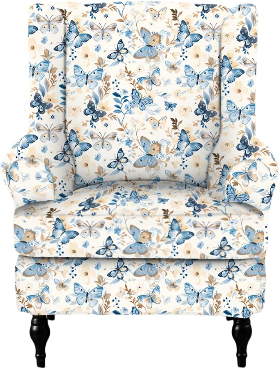 Wing Chair Slipcovers 2 Pieces Stretch Spandex Wingback Chair Covers Sofa Slipcover Printing Wingback Armchair Slipcovers Furniture Protector Couch Soft with Elastic Bottom for Wingback Chairs,12
