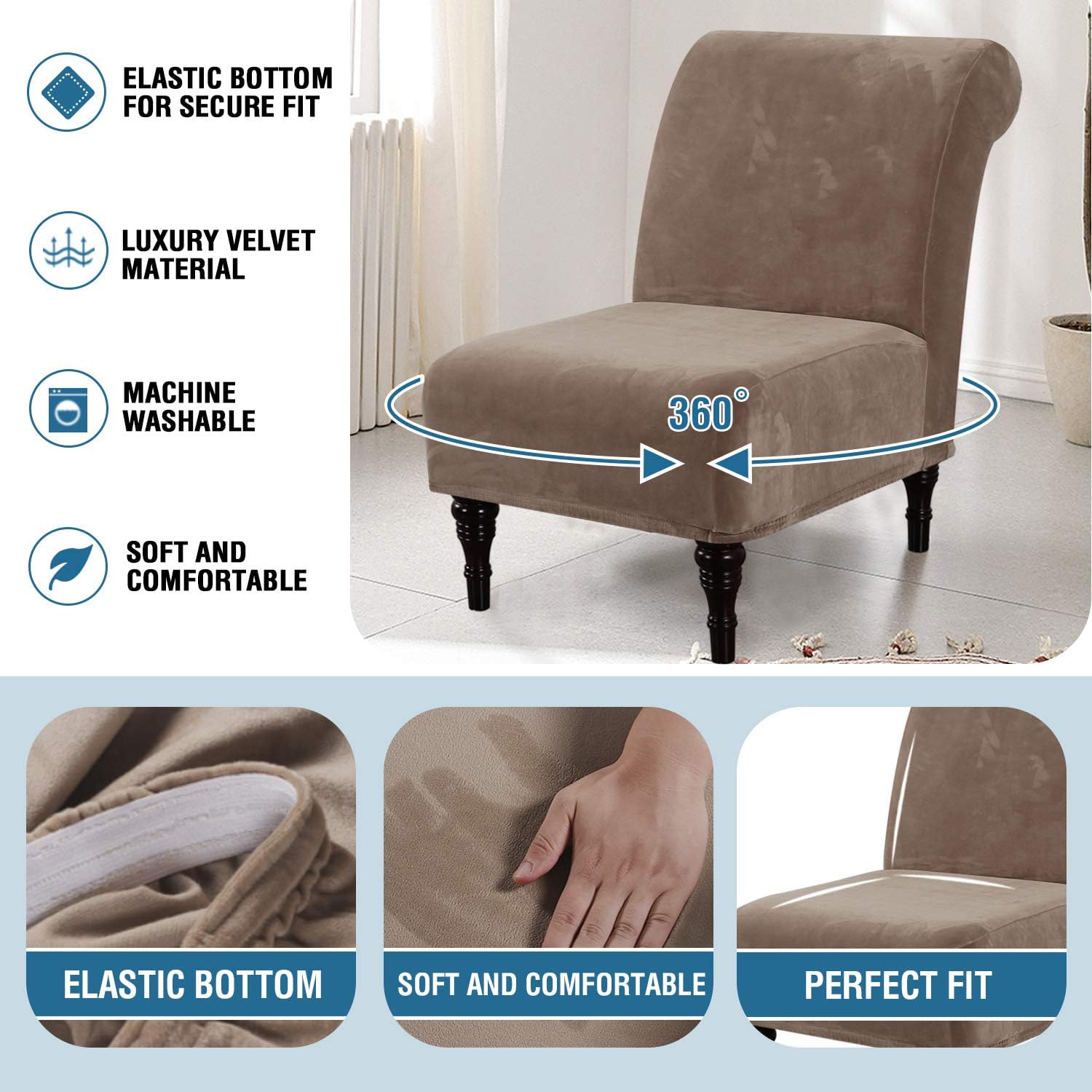 H.VERSAILTEX Armless Accent Chair Covers Thick Velvet Armless Chair Slipcovers High Stretch Chair Covers for Living Room Hotel Machine Washable Furniture Protector with Elastic Bottom, Ivory