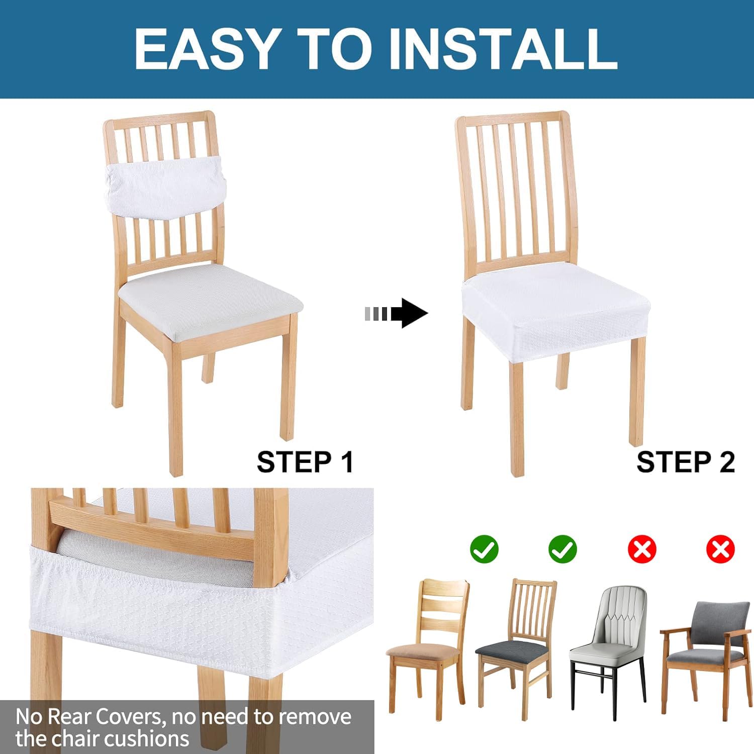 Smiry Waterproof Seat Covers for Dining Room Chairs Set of 4, Stretch Jacquard Removable Washable Chair Seat Slipcovers Protector, No Rear Covers, Beige