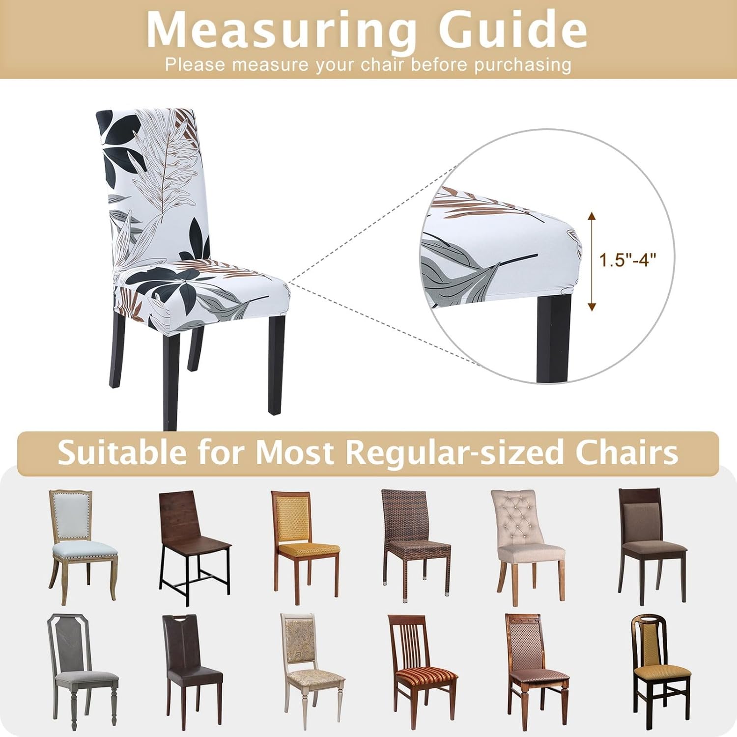 SearchI Chair Covers Slipcovers Set of 4, Spandex Super Fit Stretch Removable Washable Kitchen Parsons Protector for Dining Room,Hotel,Ceremony,Beige+Flowers