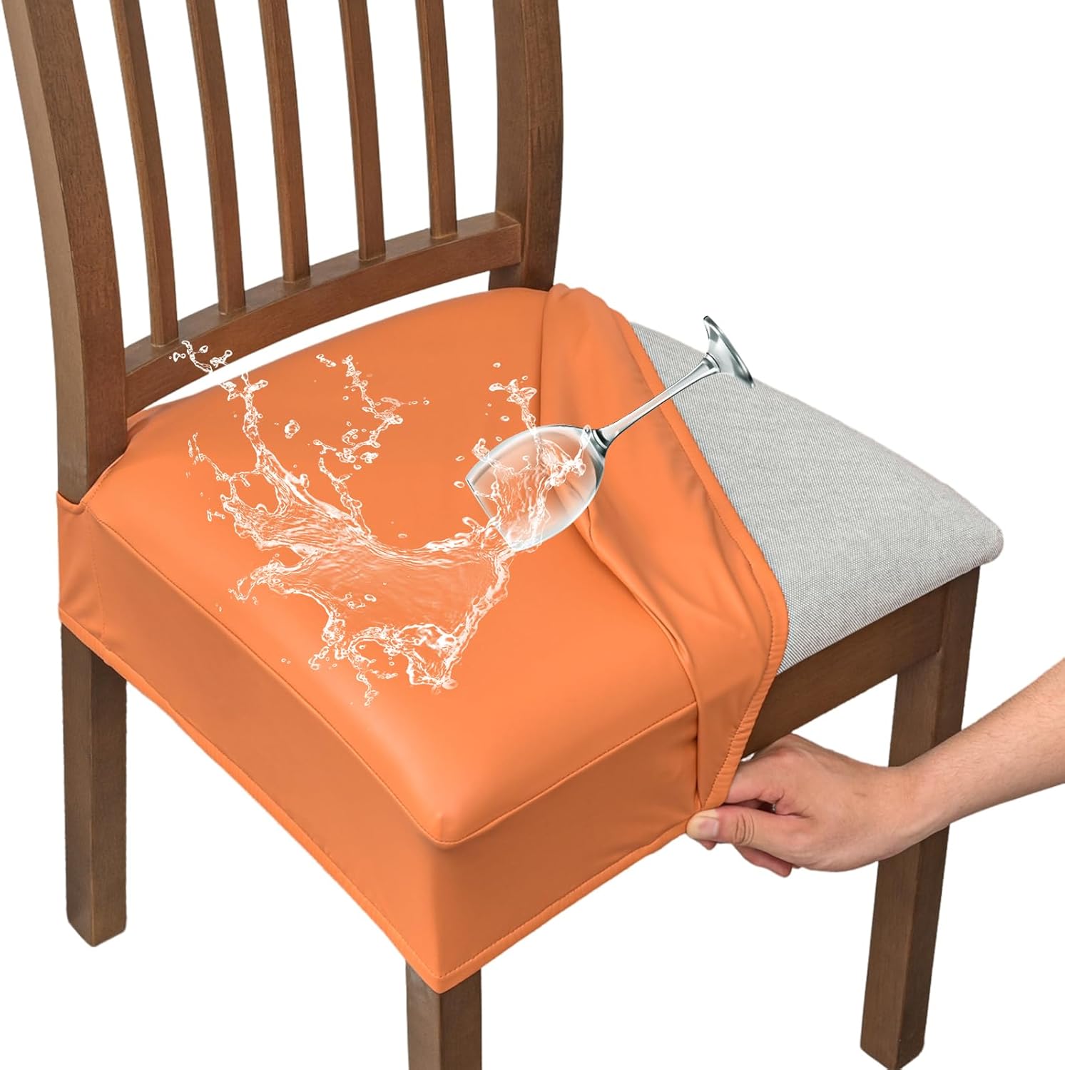 FUANGUI Dining Chair Covers Set of 4, Waterproof PU Leather Stretch Chair Seat Slipcovers Soft Removable Washable Chair Covers, Kitchen Chair Seat Covers Protectors Dining Room, PU-Black