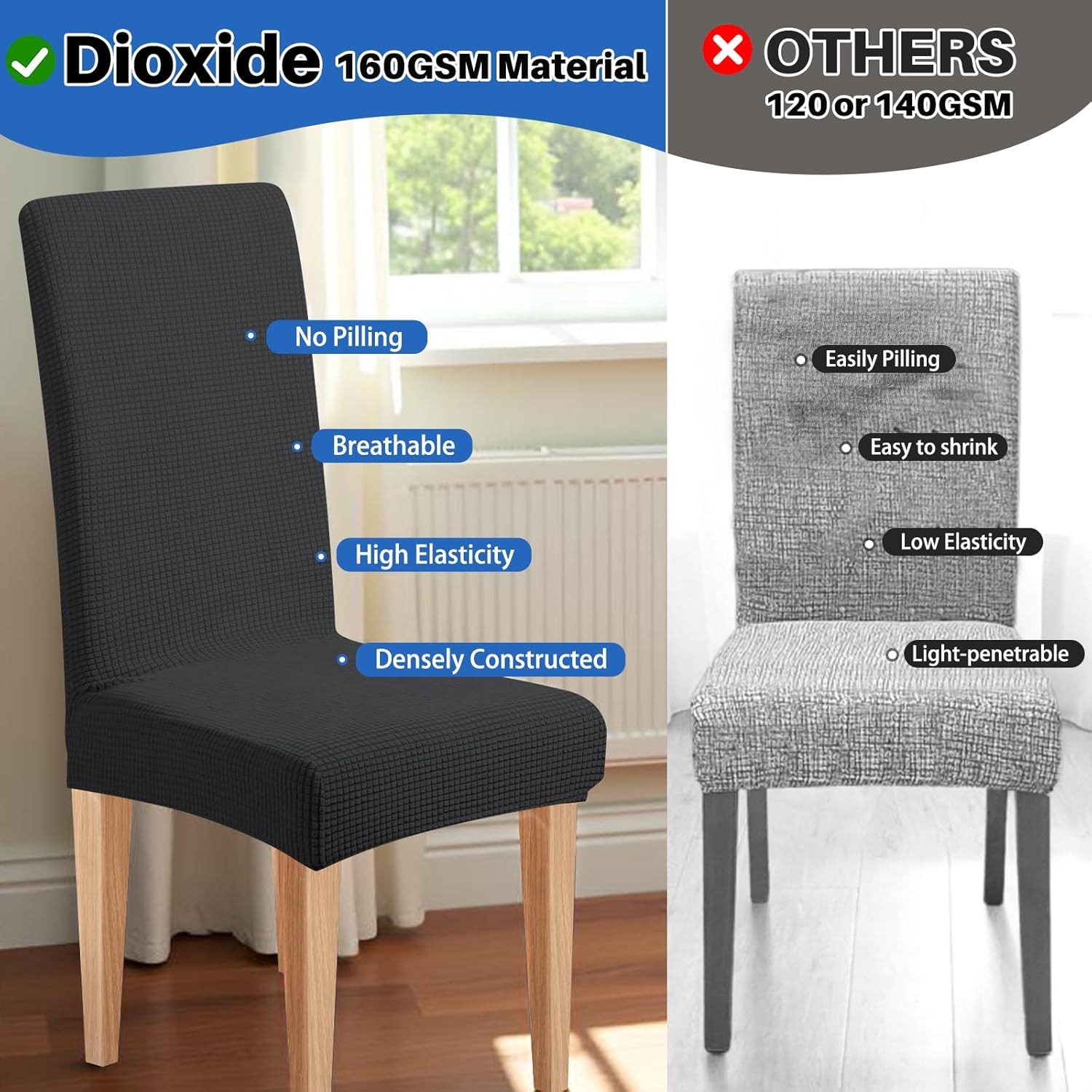 Dioxide High Stretch Chair Covers for Dining Chairs, Washable Dining Chair Covers Set of 6, Soft Kitchen Chairs Seat Covers, Parsons Chair Slipcovers Protectors for Home Hotel Restaurant Banquet