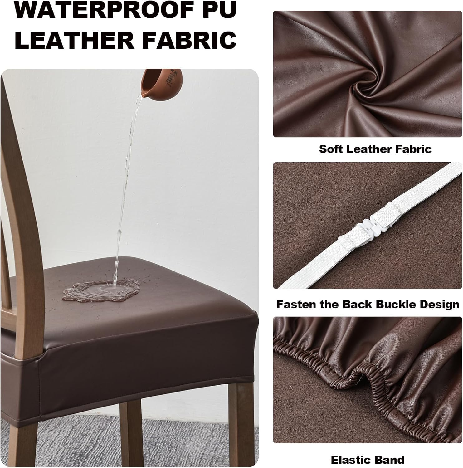 FUANGUI Dining Chair Covers Set of 4, Waterproof PU Leather Stretch Chair Seat Slipcovers Soft Removable Washable Chair Covers, Kitchen Chair Seat Covers Protectors Dining Room, PU-Black