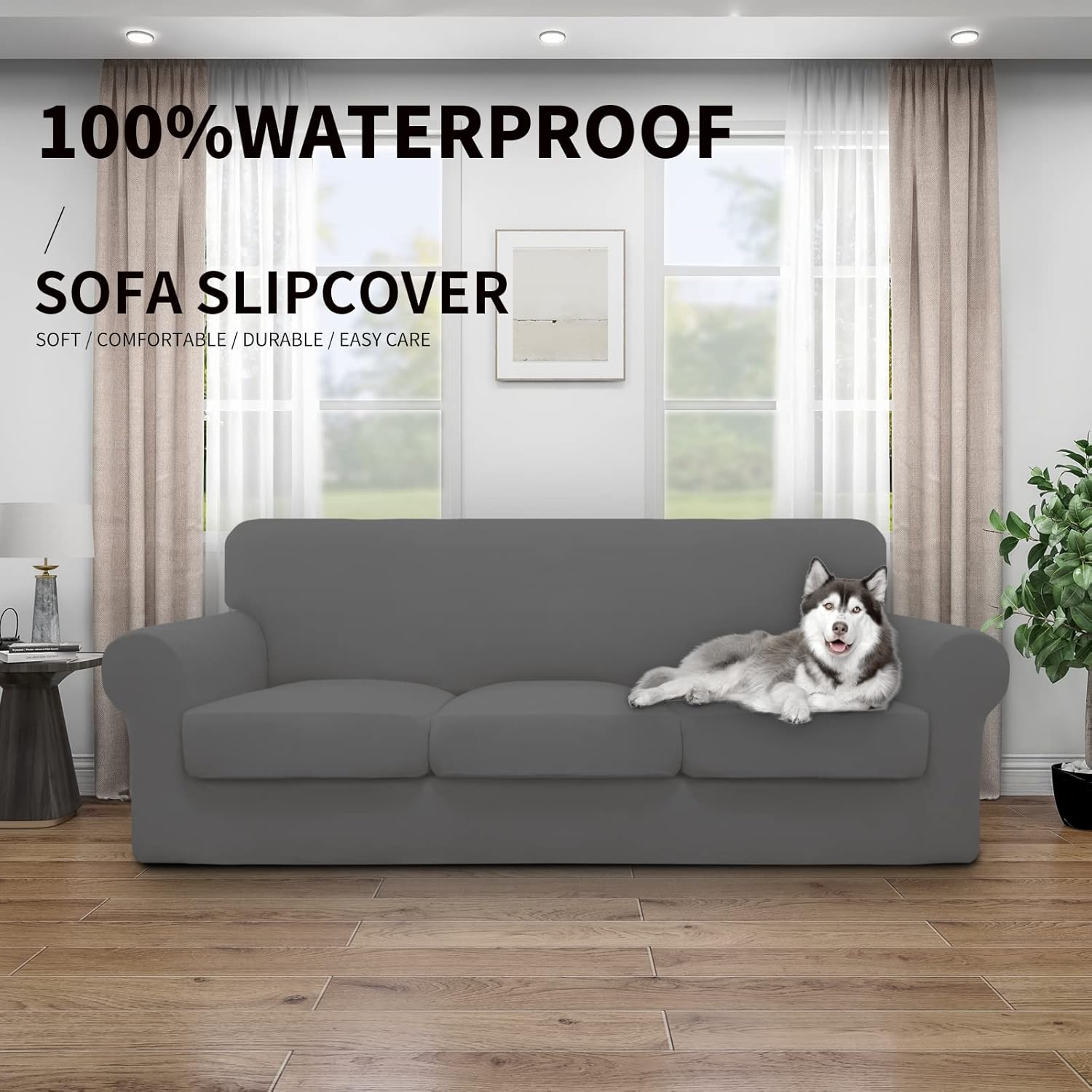 Easy-Going 100% Dual Waterproof 2 Pieces Chair Cover Stretch Soft Couch Cover for Dogs, Sofa Slipcover for 1 Separate Cushion Couch Leakproof Furniture Protector for Kids, Pets Grayish Green