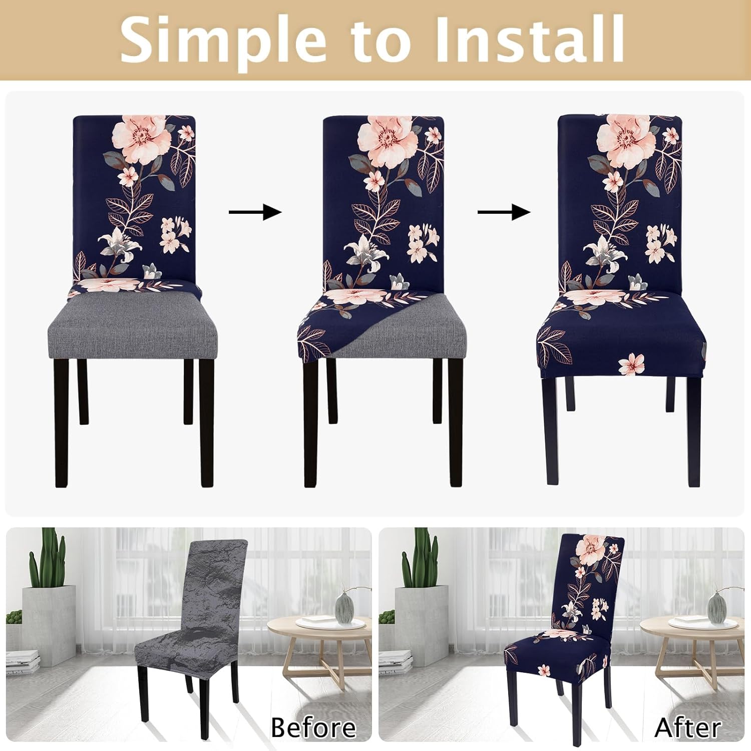 SearchI Chair Covers Slipcovers Set of 4, Spandex Super Fit Stretch Removable Washable Kitchen Parsons Protector for Dining Room,Hotel,Ceremony,Beige+Flowers