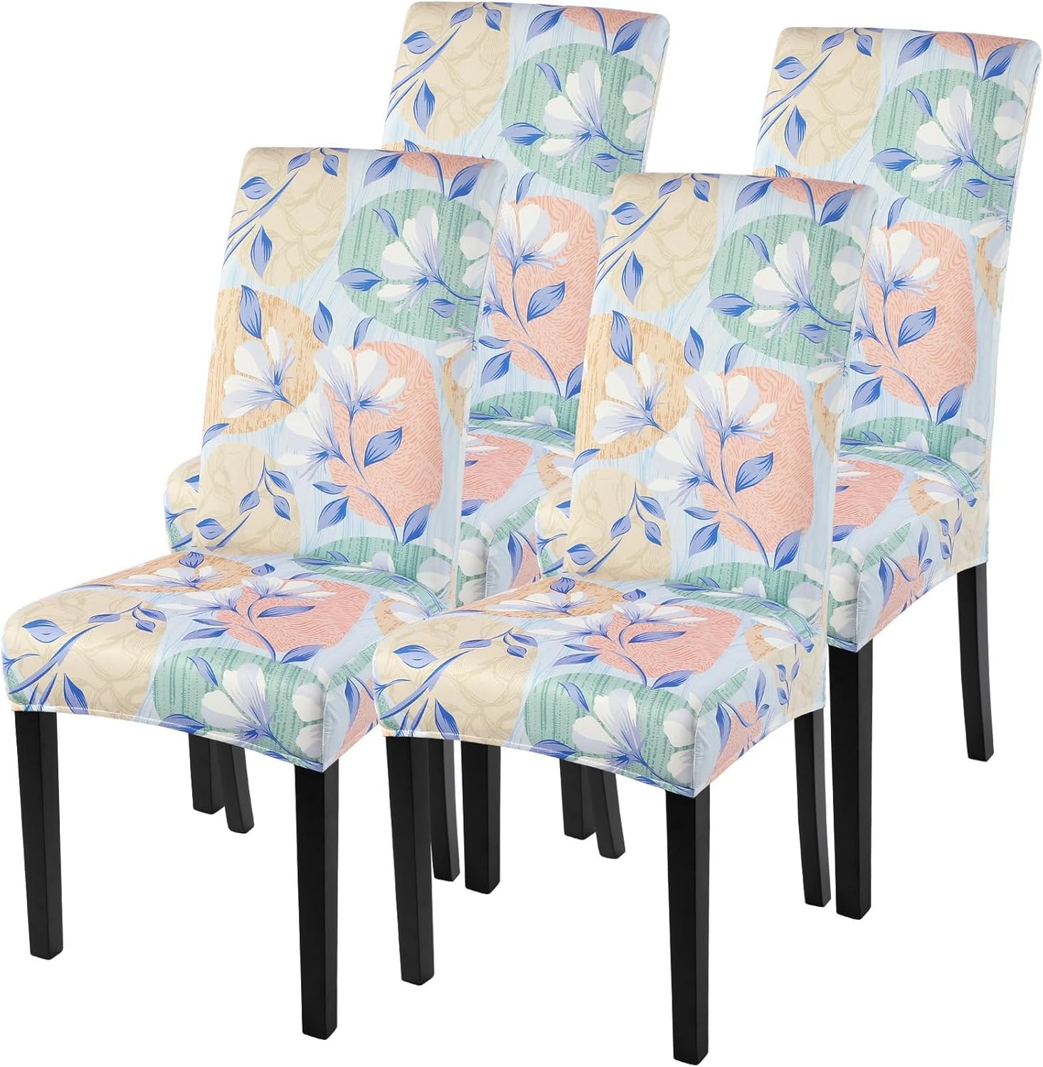 SearchI Chair Covers Slipcovers Set of 4, Spandex Super Fit Stretch Removable Washable Kitchen Parsons Protector for Dining Room,Hotel,Ceremony,Beige+Flowers