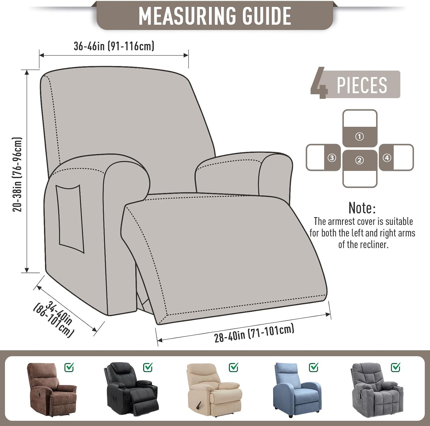 TAOCOCO Recliner Cover 4-Pieces, Recliner Stretch Sofa Slipcover, Recliner Cover 1 Seat, Couch Protector Soft, Furniture Protector Covers with Elastic,Chair Covers Jacquard Pattern (Grey)