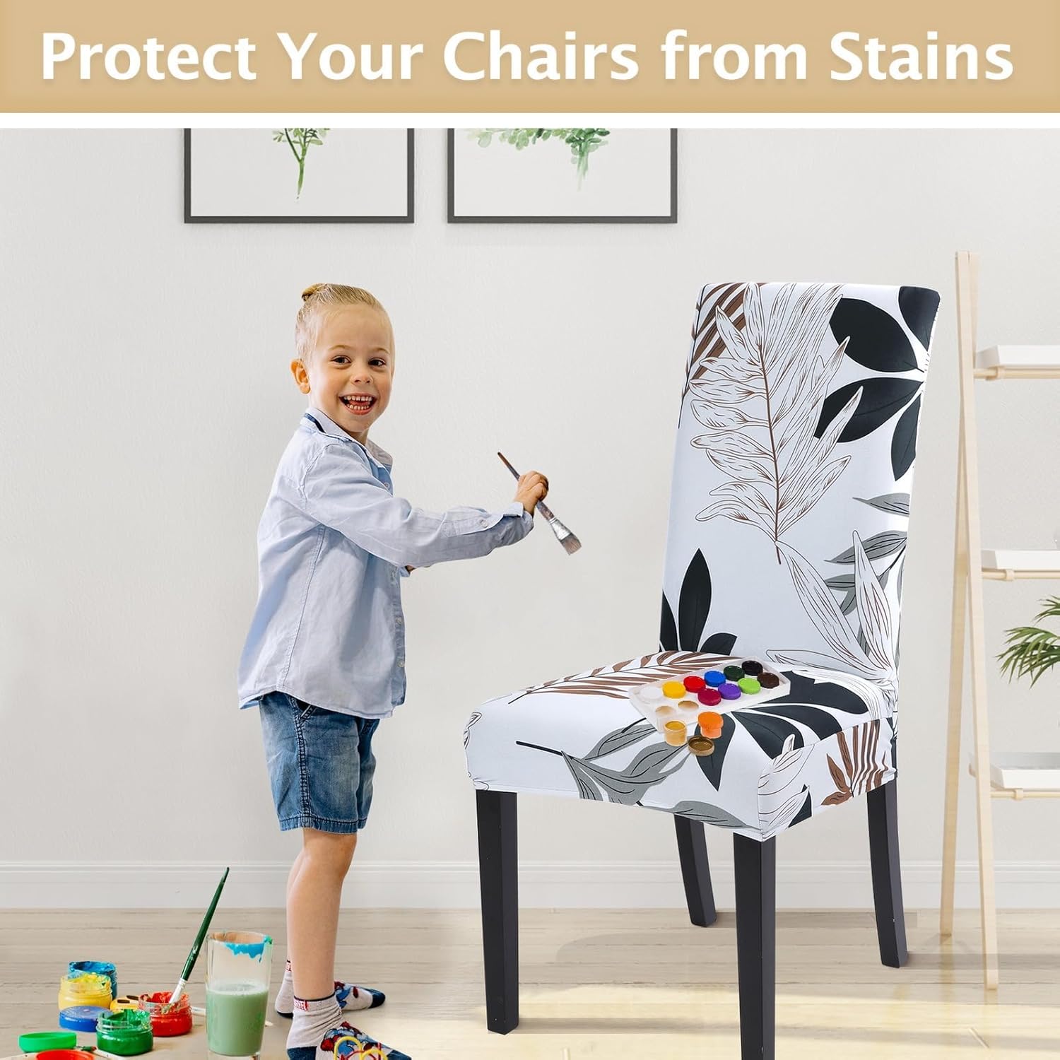 SearchI Chair Covers Slipcovers Set of 4, Spandex Super Fit Stretch Removable Washable Kitchen Parsons Protector for Dining Room,Hotel,Ceremony,Beige+Flowers