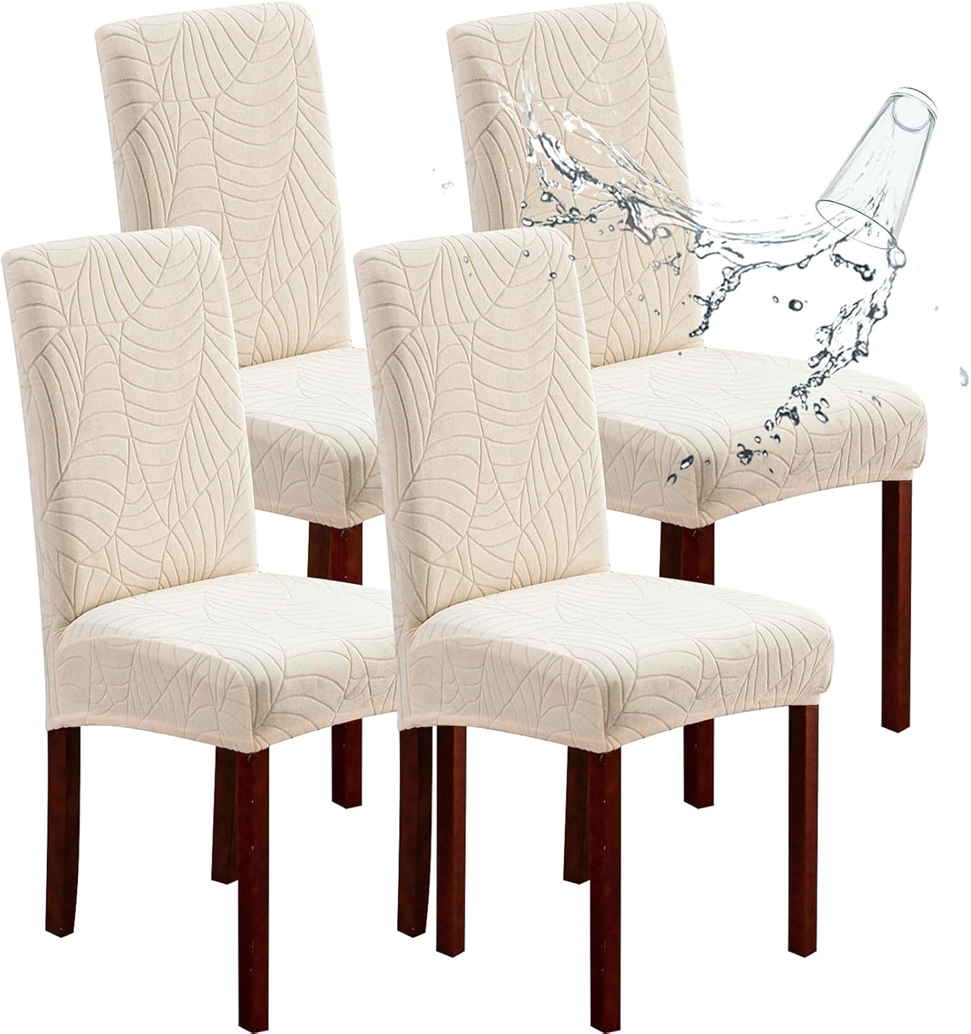 Genina 100% Waterproof Chair Covers for Dining Room Set of 4, Stretch Parson Chair Slipcovers for Kitchen Chairs, Washable Chair Protectors, Leaves-Warm Gray