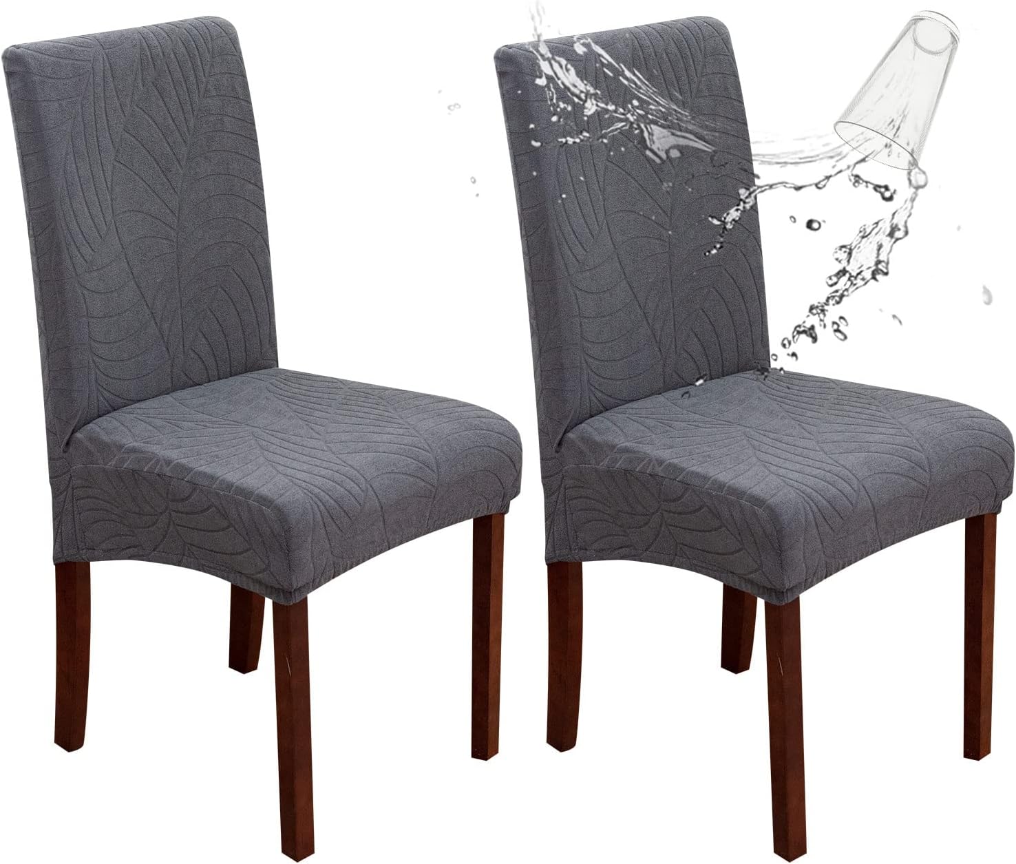 Genina 100% Waterproof Chair Covers for Dining Room Set of 4, Stretch Parson Chair Slipcovers for Kitchen Chairs, Washable Chair Protectors, Leaves-Warm Gray