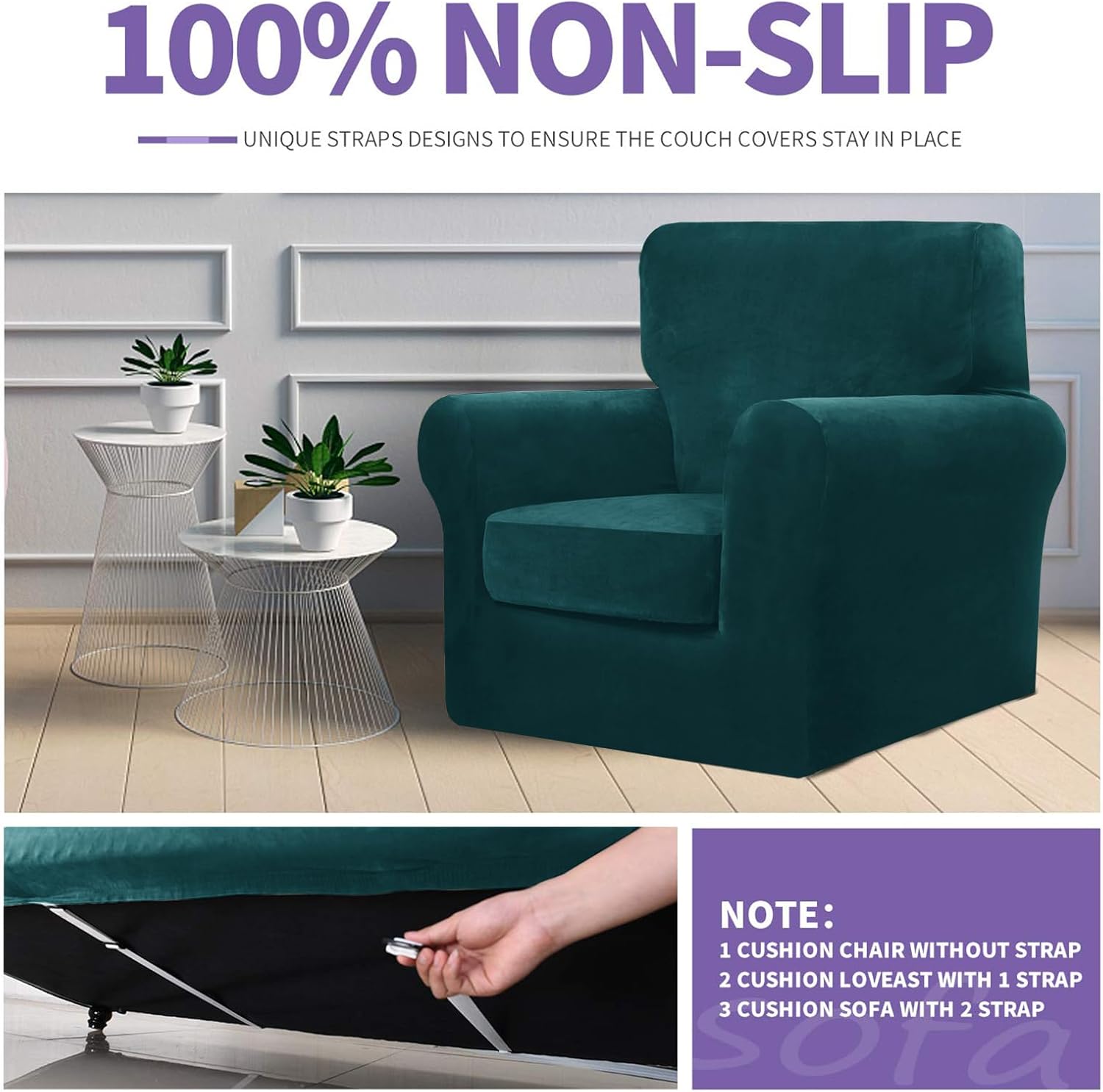 ZNSAYOTX Luxury Velvet Chair Slipcovers with Arms 2 Piece Stretch Chair Covers for Living Room Soft Armchair Slipcover Anti Slip Dog Pet Friendly Furniture Protector (Deep Teal),30"-47"(1 Cushion)